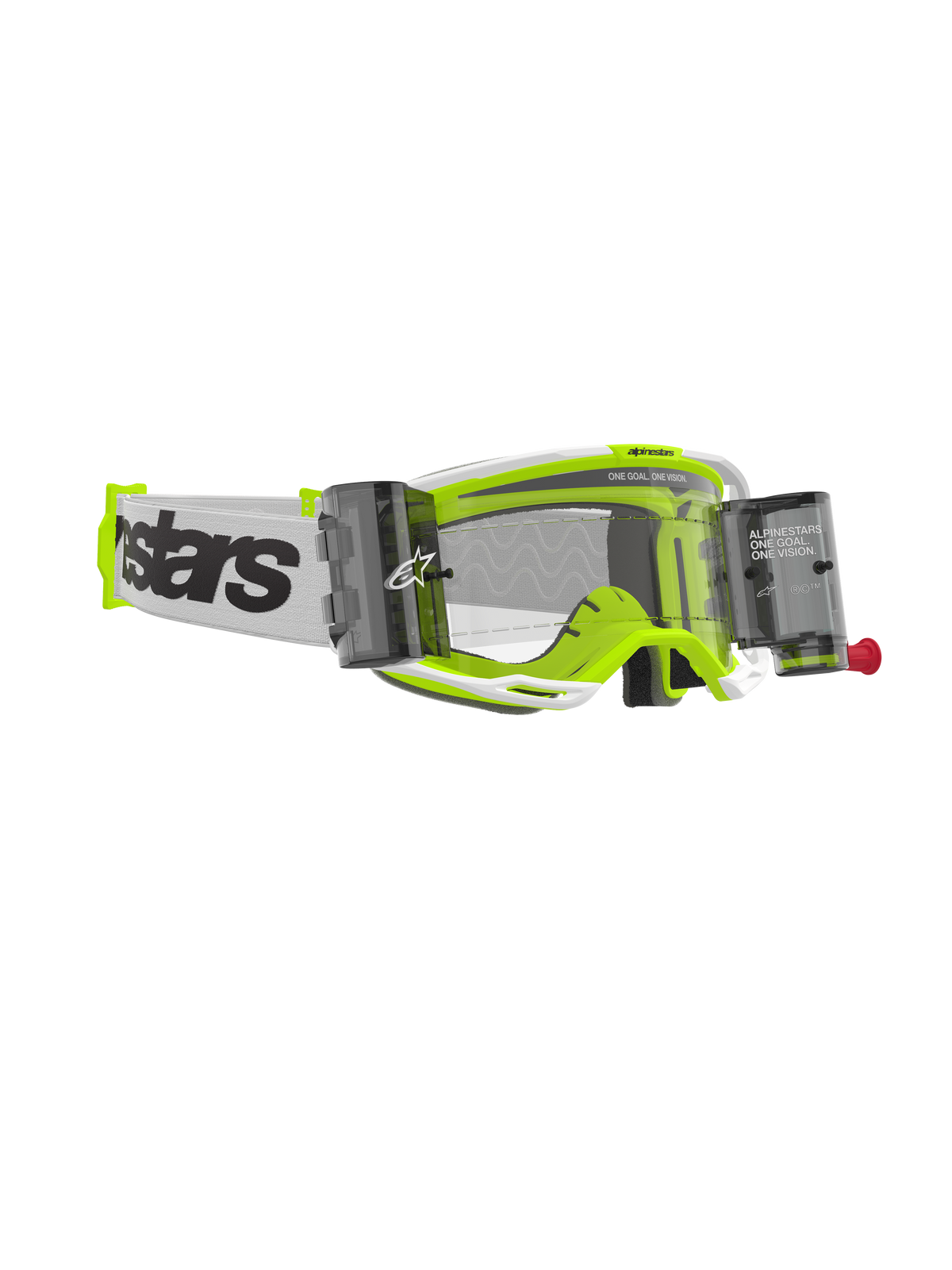 Gafas Alpinestars Vision 8 Wordmark Roll Off, gafas de motocross, montura blanca y amarillo fluorescente, lente transparente con botes de roll-off integrados, correa tejida blanca con logotipo negro, protección ocular de alto rendimiento para off-road