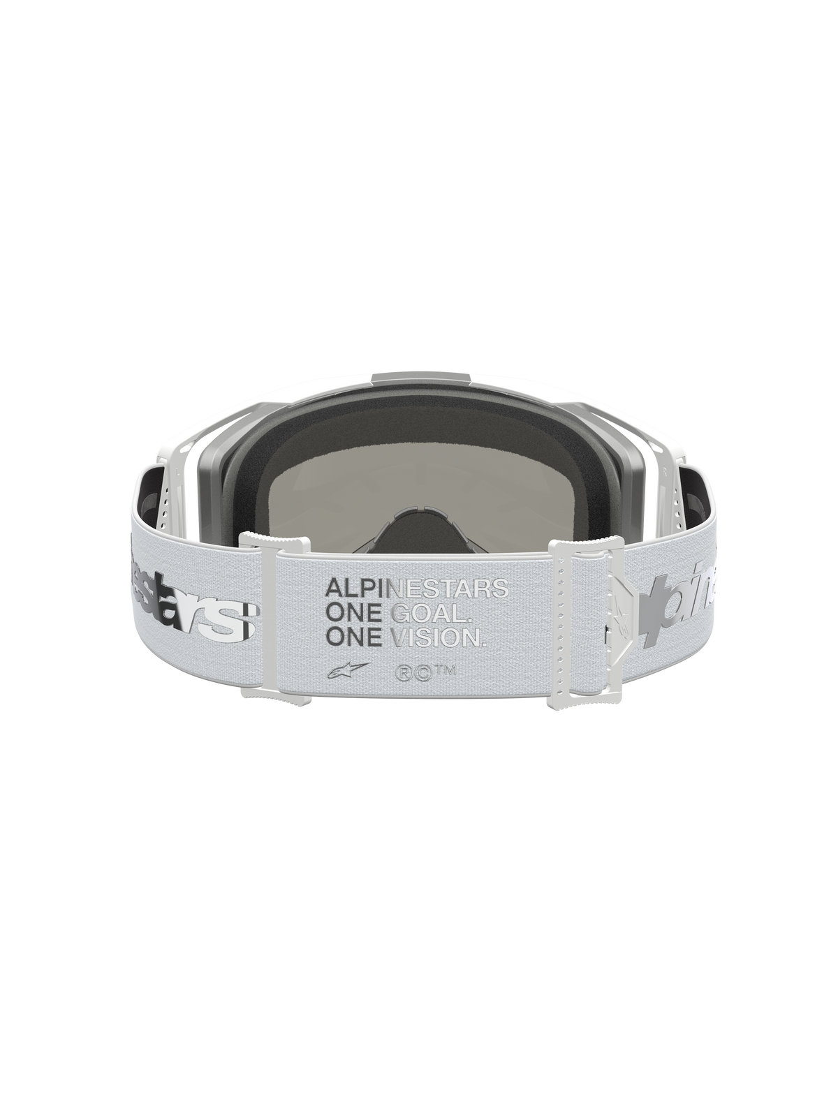 Alpinestars Vision 8 Amber, gafas de motocross blancas y plateadas con lema ONE GOAL ONE VISION en la correa y lente de espejo