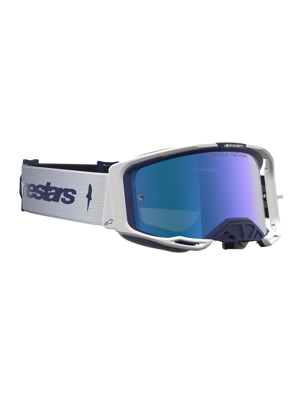 Alpinestars Vision 8 Ámbar Espejo, gafas de motocross en blanco y azul marino, lente de espejo azul, ventilación RAM-AIR y marco flexible A-FLEX