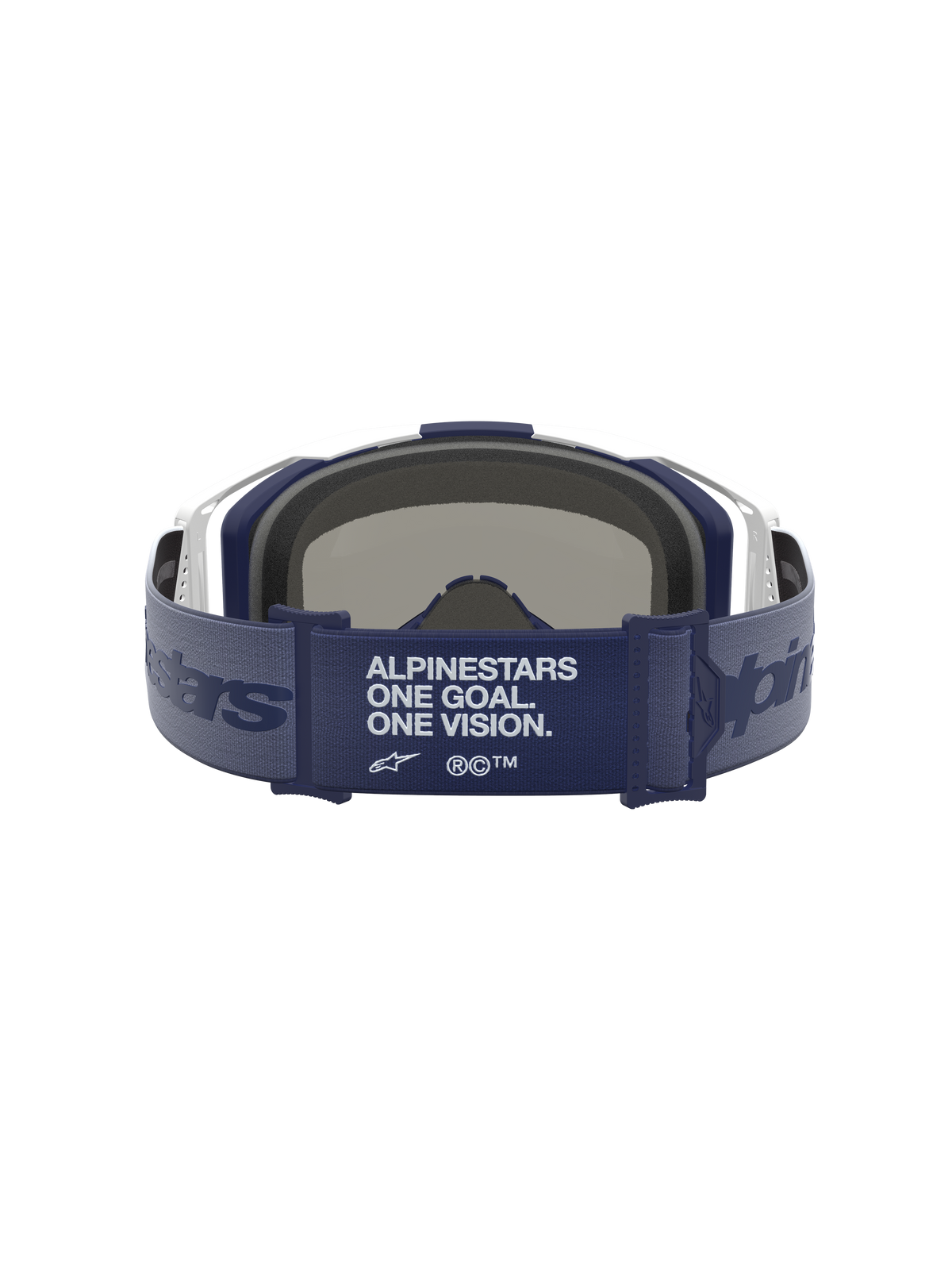 Alpinestars Vision 8 Ámbar Espejo, gafas de motocross con correa azul marino y blanco, vista trasera que muestra el manifiesto de marca y espuma facial 3D