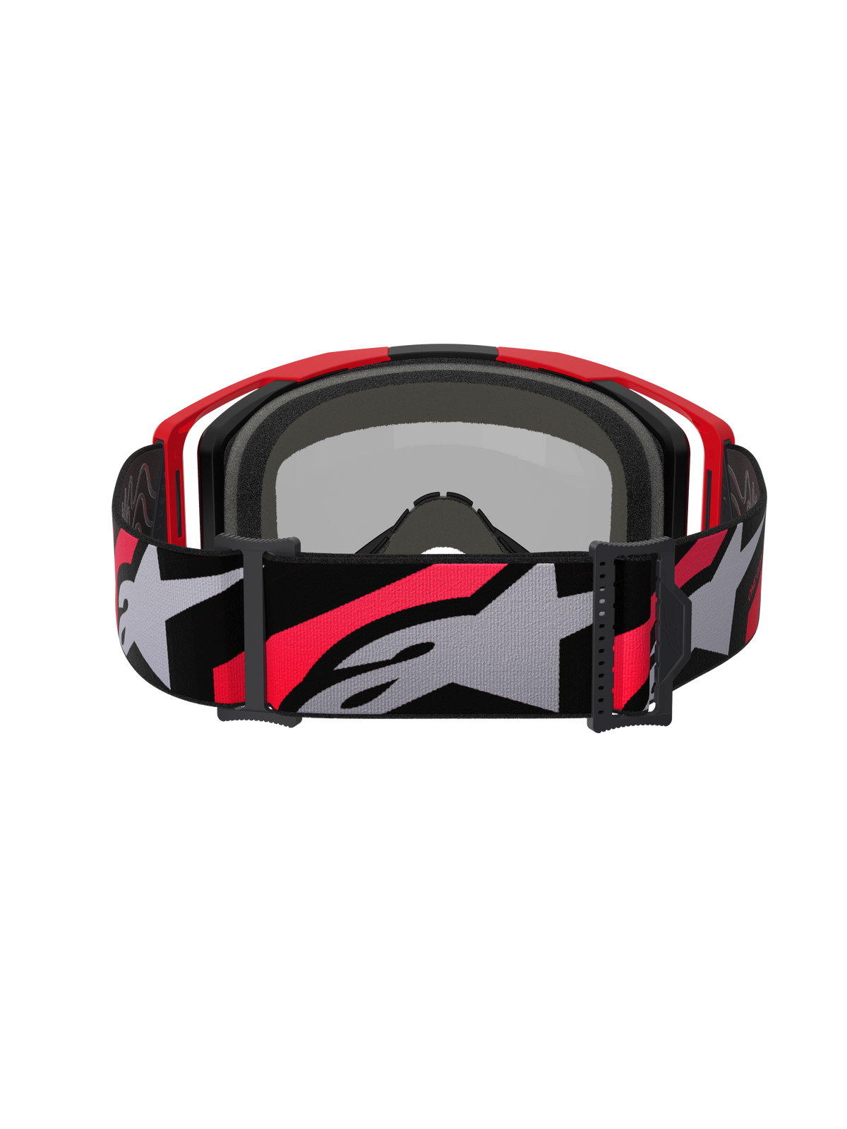 Gafas Alpinestars Vision 8 Luar, gafas de motocross, rojo, negro y plateado espejo, correa tejida ancha con el llamativo logotipo de Alpinestars en gris y rojo, vista trasera que muestra la espuma facial negra y la montura roja, protección ocular de alto rendimiento