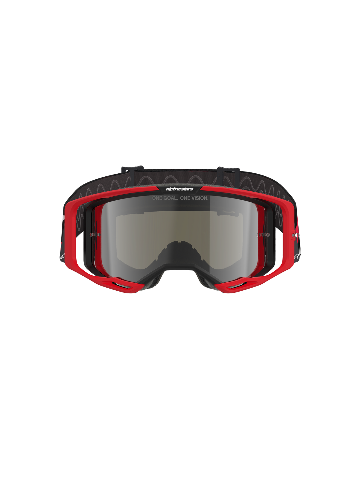 Gafas Alpinestars Vision 8 Luar, gafas de motocross, montura roja y negra con lente de espejo plateada, diseño de alto rendimiento con amplio campo de visión, marca prominente en la correa y la montura, adecuadas para carreras de motocross y off-road