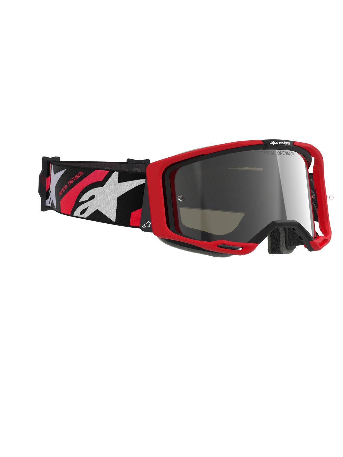 Gafas Alpinestars Vision 8 Luar, gafas de motocross, montura roja y negra con lente de espejo plateada, con una correa tejida ancha con el logotipo de Alpinestars en rojo y blanco y el texto "ONE GOAL. ONE VISION.", gafas protectoras de alto rendimiento para carreras todoterreno