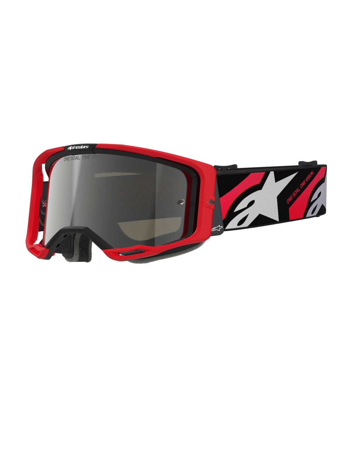 Alpinestars Vision 8 Luar, gafas de motocross y todoterreno, montura roja y negra, lente de espejo plateada, correa ancha ajustable con el logotipo de la estrella blanca y el texto 'One Goal. One Vision.', diseño de alto rendimiento para carreras de motos de cross