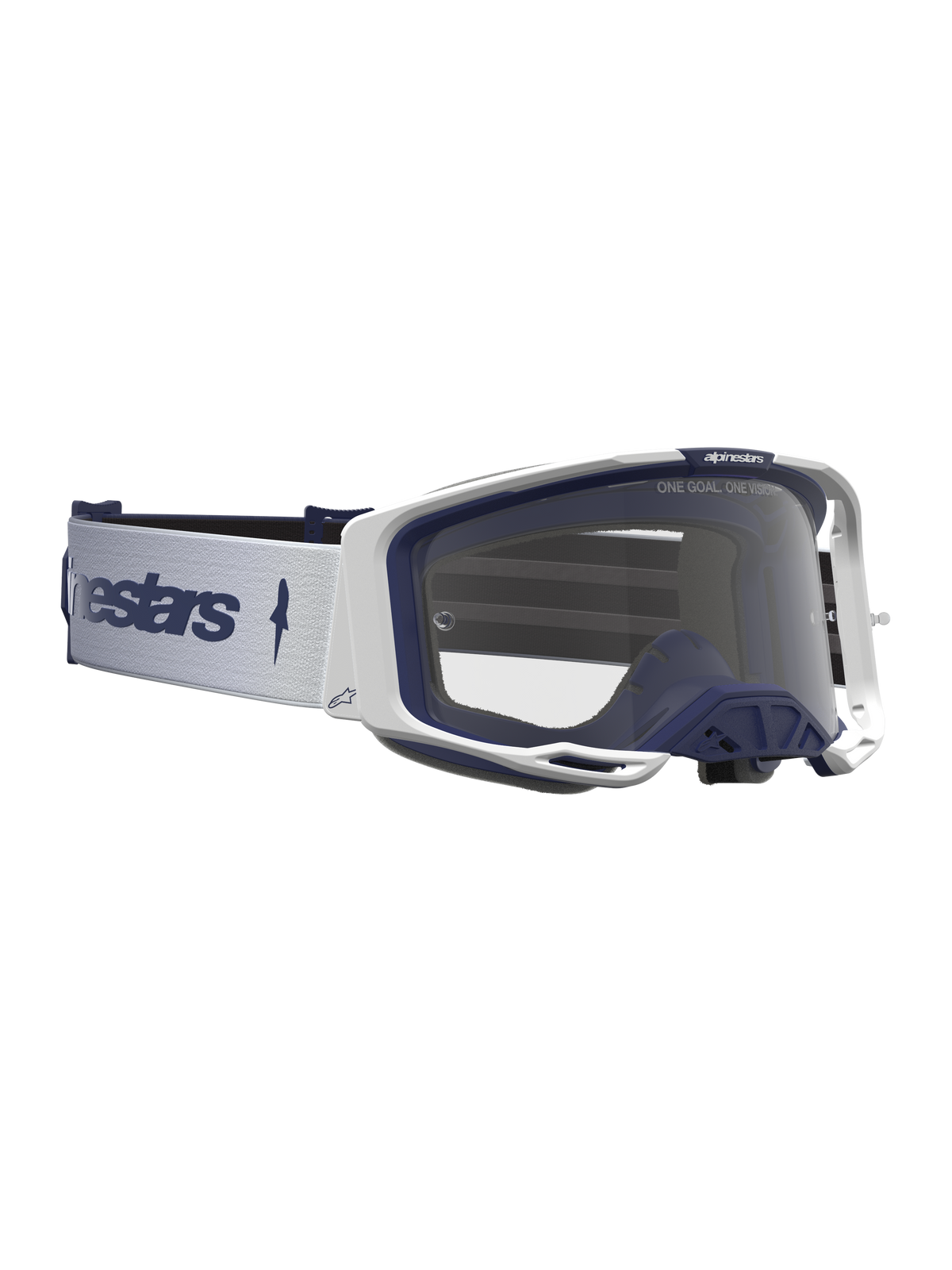 Alpinestars Vision 8 Amber, gafas de motocross, blancas y azul marino, lente transparente y marco A-FLEX flexible