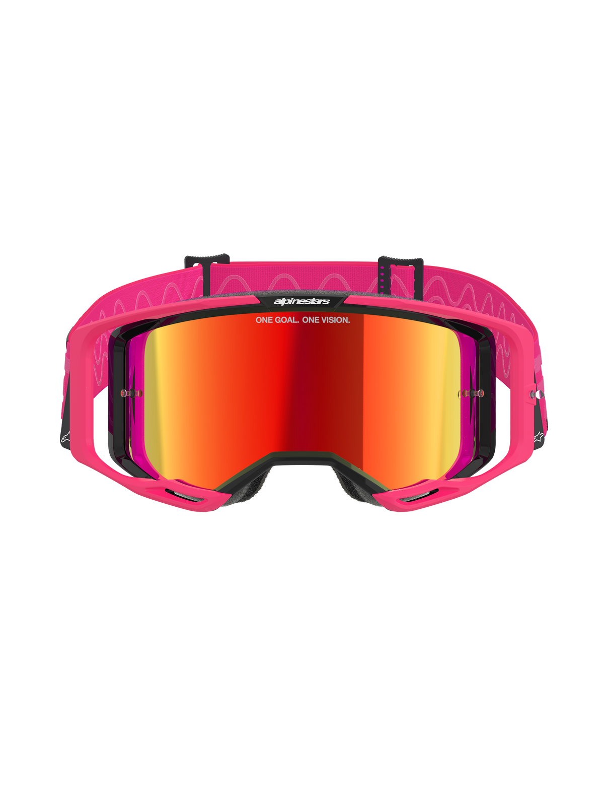 Alpinestars Vision 8 Corp Goggles, gafas de motocross, rosa con lente roja de espejo, con montura A-FLEX rosa y lente roja espejada, correa rosa con patrones ondulados blancos y logotipo, gafas profesionales para carreras off-road