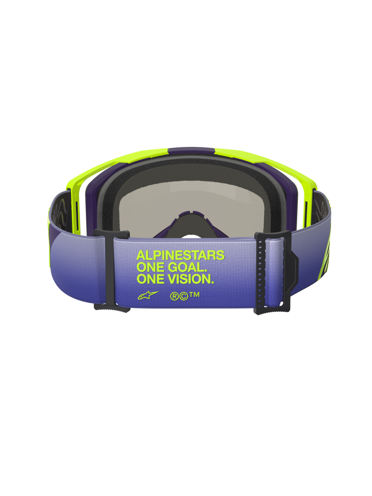 Alpinestars Vision 8 Corp Goggles, rear view focusing on the gradient purple and blue strap, featuring 'ALPINESTARS ONE GOAL. ONE VISION.' text in fluorescent yellow, bright yellow and purple A-FLEX frame with black face foam, professional motocross goggles.