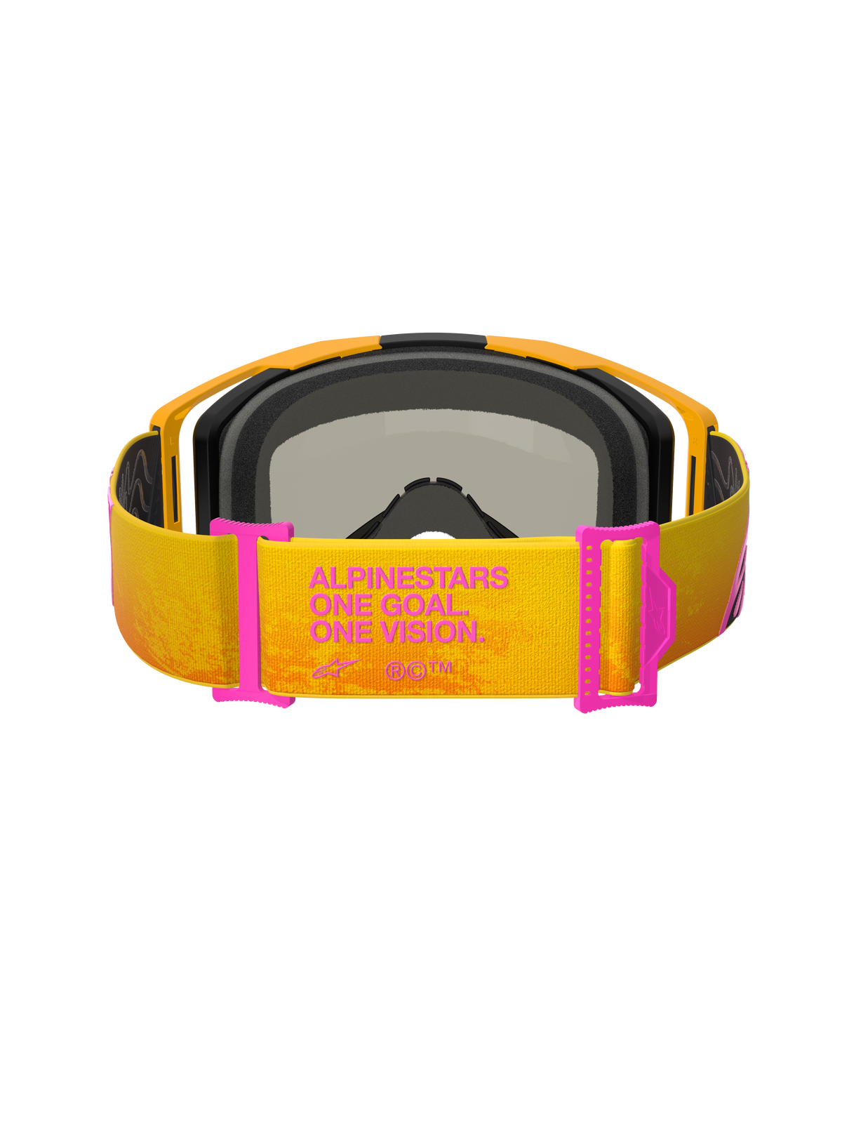 Alpinestars Vision 8 Corp Goggles, gafas de motocross, naranja y amarillo con detalles en rosa, vista posterior que muestra la correa con el texto 'ALPINESTARS ONE GOAL. ONE VISION.', ajustadores de correa rosas, montura naranja con acolchado de espuma negra