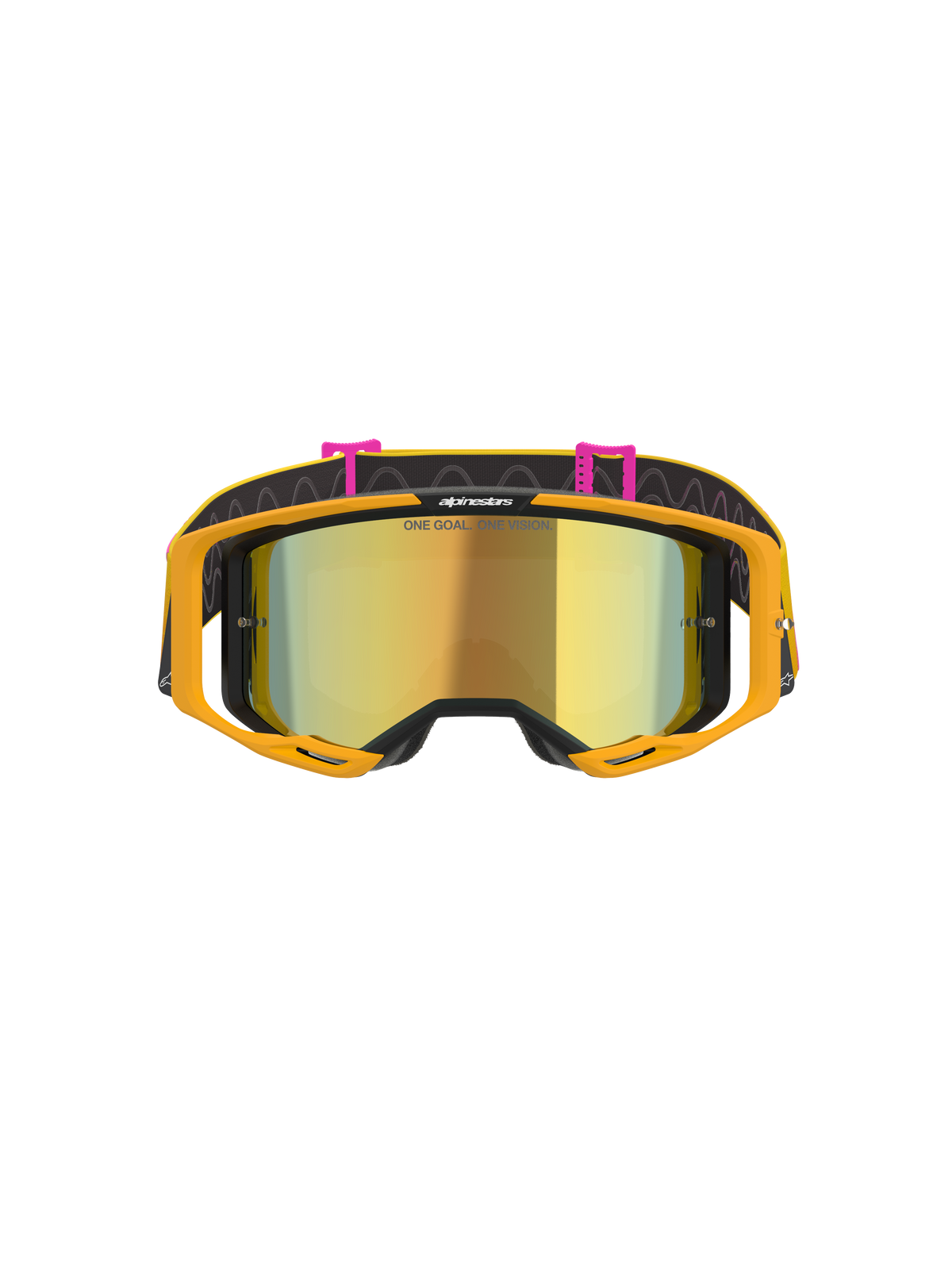 Gafas Alpinestars Vision 8 Corp, gafas de motocross, naranja, amarillo, rosa y dorado espejado, vista frontal con lente de espejo dorada con el texto 'ONE GOAL. ONE VISION.', montura naranja brillante y correa negra con clips rosas y patrones de líneas onduladas.