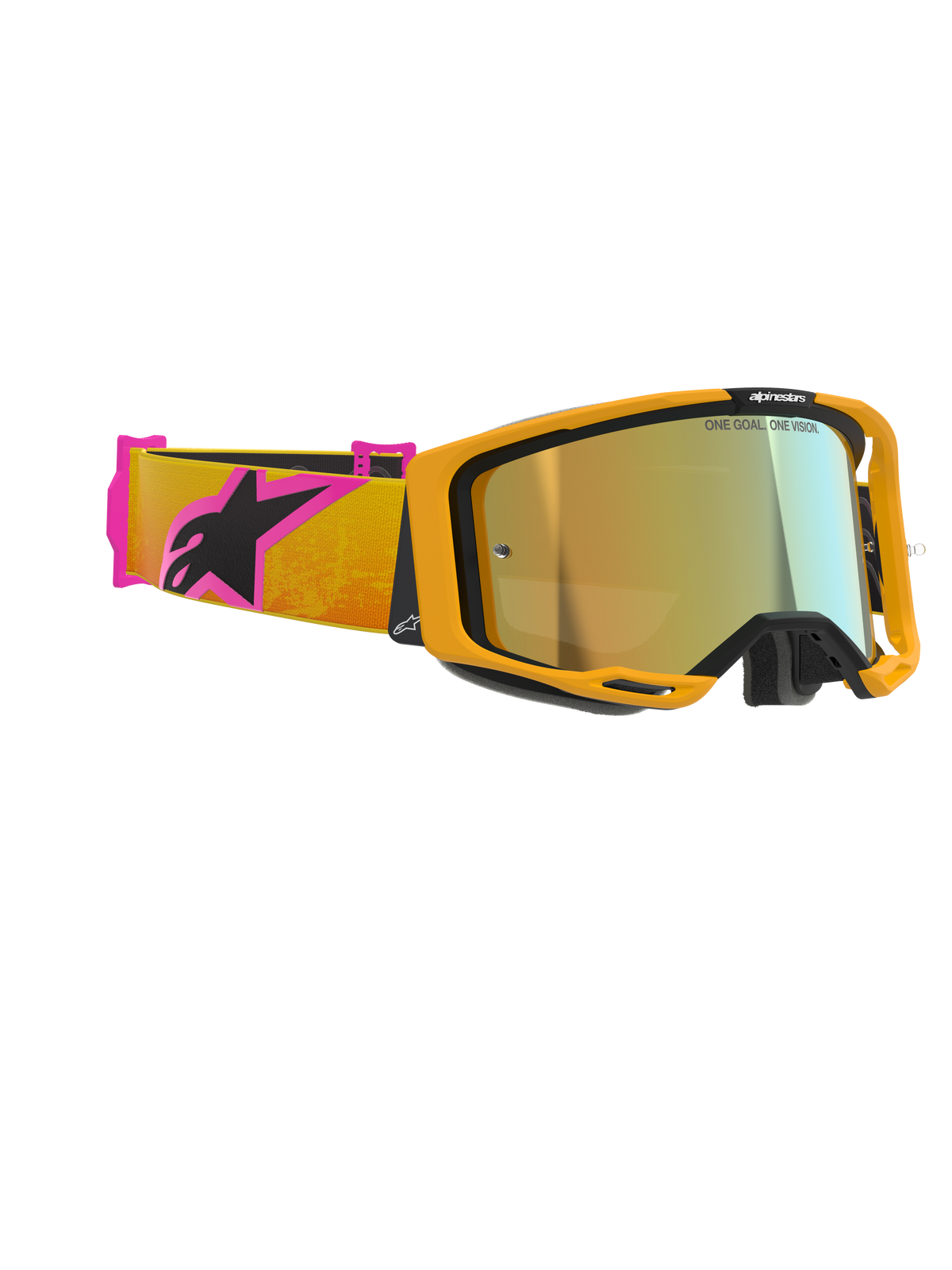 Gafas Alpinestars Vision 8 Corp, gafas de motocross, montura naranja con lente de espejo dorada, correa naranja y rosa con logotipo de Alpinestars en negro, diseño de alto rendimiento para carreras off-road