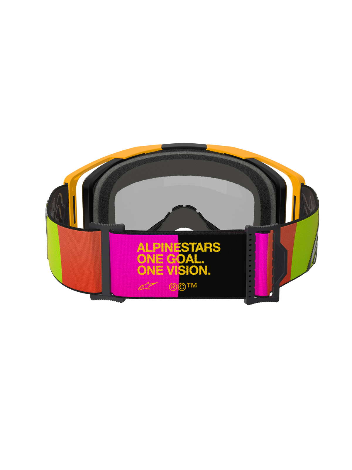 Gafas Alpinestars Vision 8 Corp, gafas de motocross, amarillas y rosas, vista trasera con correa ajustable con el eslogan "ALPINESTARS ONE GOAL. ONE VISION.", detalles vibrantes en lima y naranja, montura amarilla con espuma facial gris.