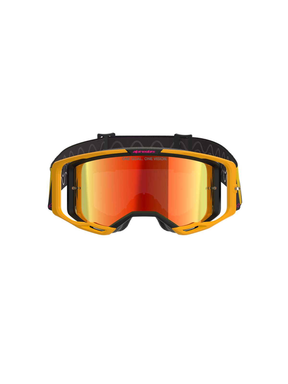 Gafas Alpinestars Vision 8 Corp, gafas de motocross, amarillas y rosas con lente de espejo roja, con un marco A-FLEX amarillo brillante, lente reflectante roja y una correa negra con la marca Alpinestars en rosa y el texto 'ONE GOAL. ONE VISION.', protección ocular profesional para carreras off-road