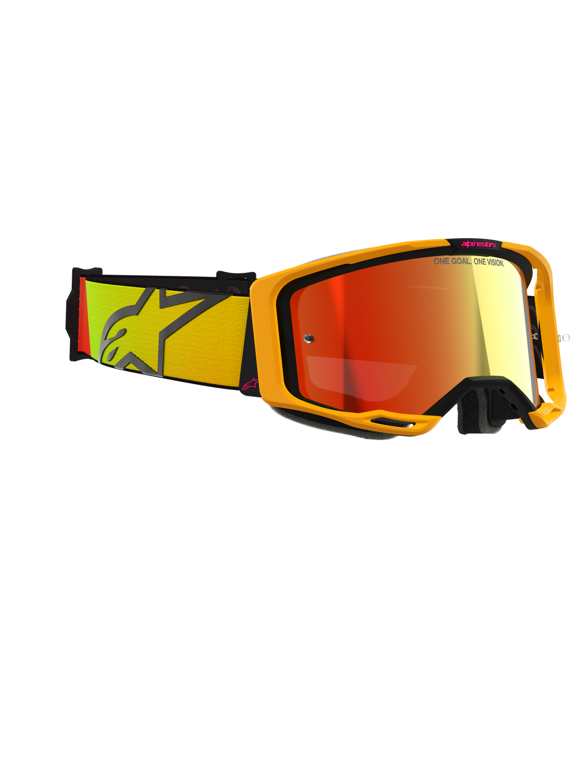 Gafas Alpinestars Vision 8 Corp, gafas de motocross, amarillas y rosas con lente roja de espejo, correa tejida ancha con degradado amarillo y rosa y gran logotipo de estrella, montura ligera A-FLEX con estabilizadores negros, gafas de alto rendimiento para carreras todoterreno