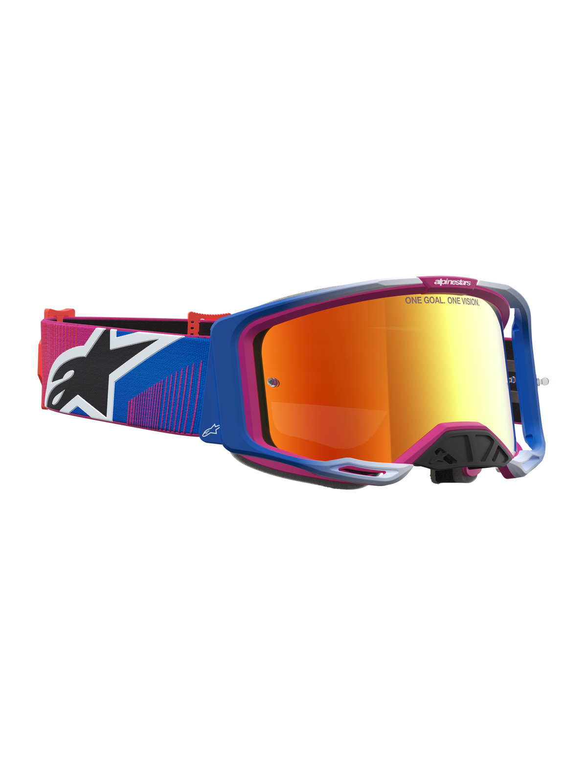 Alpinestars Vision 8 Maven Goggles, Motocross eyewear with blue and pink A-FLEX frame and fire red mirror lens.