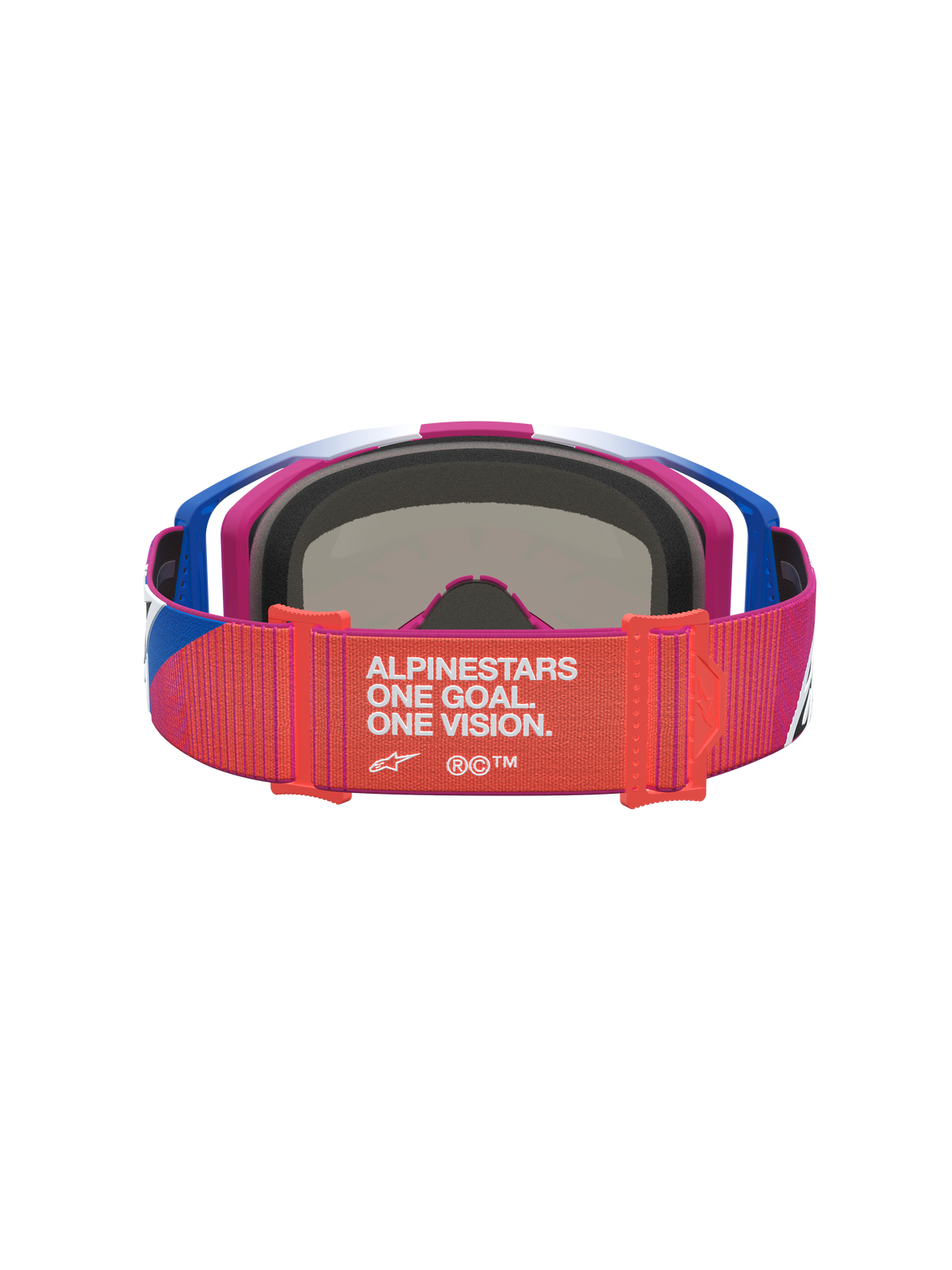 Alpinestars Vision 8 Maven Motocross Goggles, Red and Black, rear view showing the adjustable 'One Goal. One Vision.' strap.