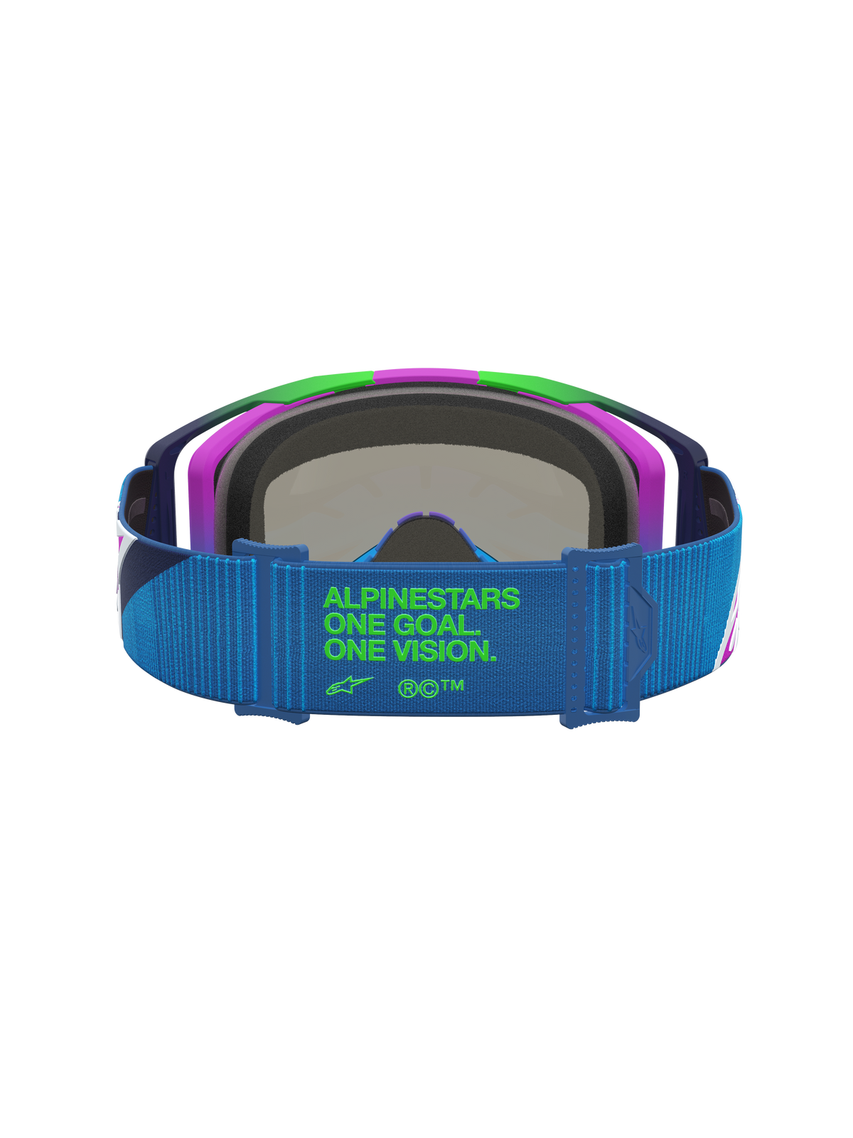 Alpinestars Gafas Vision 8 Maven, gafas de motocross, azul y morado, correa con logotipo One Goal One Vision en verde