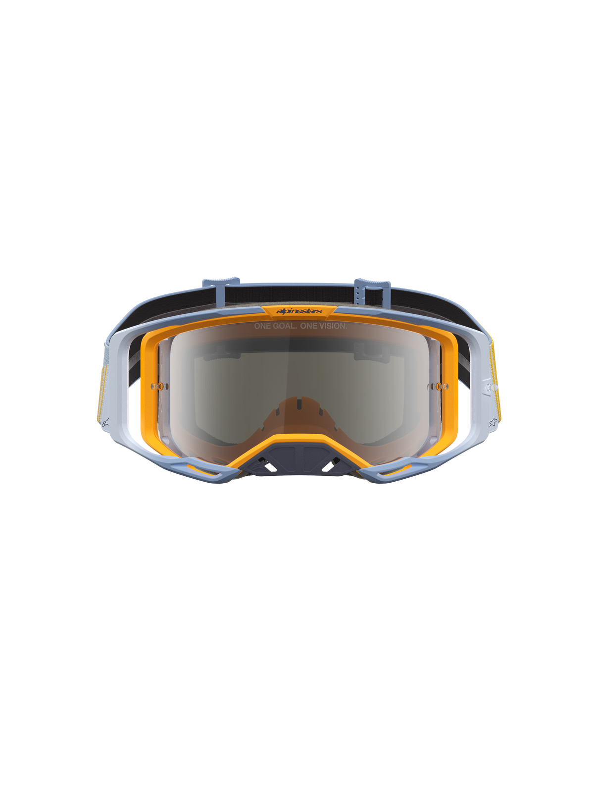 Gafas Alpinestars Vision 8 Maven para motocross, azul polvo y naranja, con lente de espejo plateada para off-road.