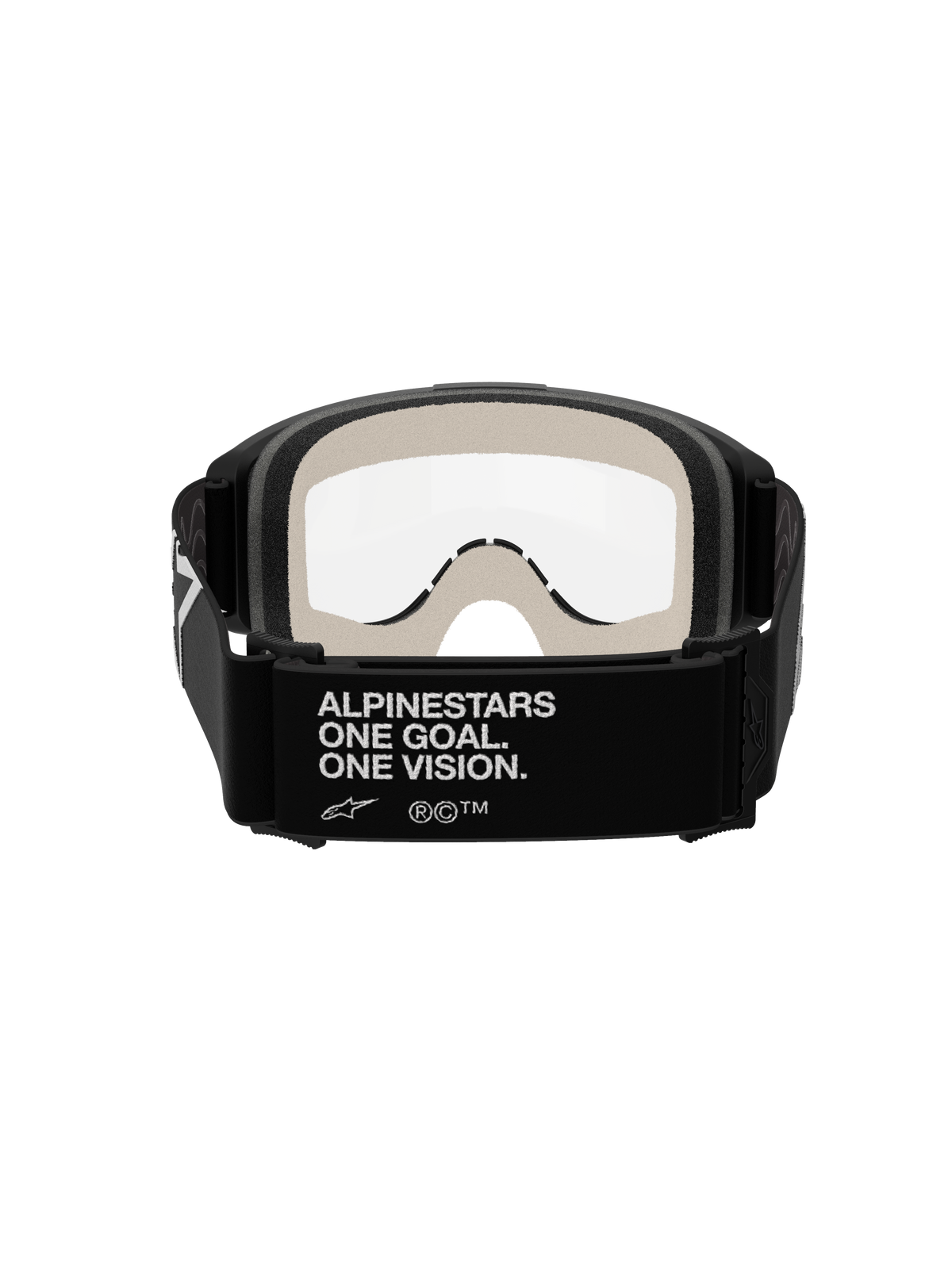 Alpinestars Vision 5 Corp Goggles, Motocross Goggles, Black and Clear, rear view showing the black strap with white 'ALPINESTARS ONE GOAL. ONE VISION.' branding, light grey face foam, and clear anti-fog lens.
