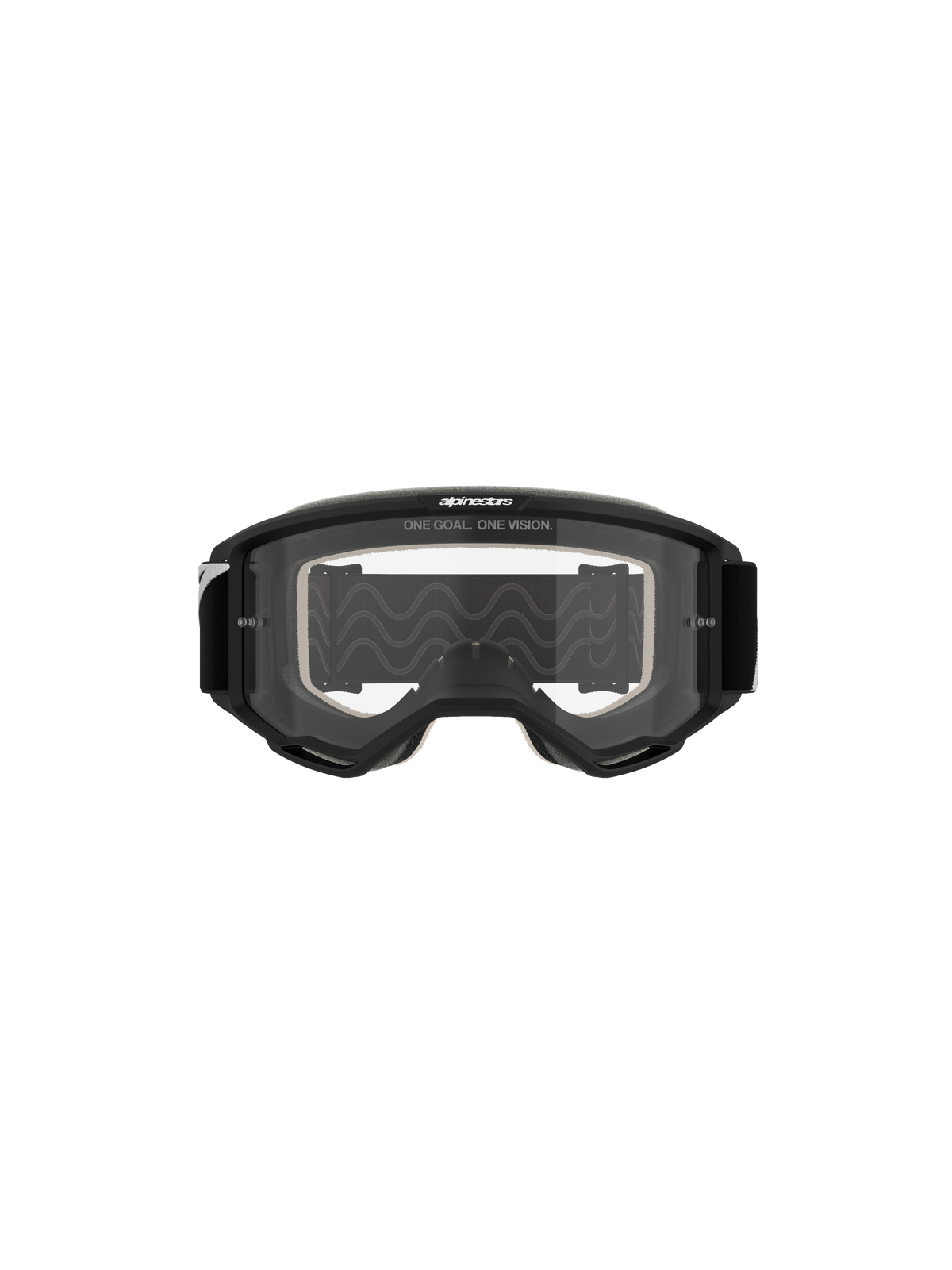 Alpinestars Vision 5 Corp Goggles, Motocross Goggles, Black Frame with Clear Lens, front view, featuring 'ONE GOAL. ONE VISION.' branding on top, wide viewport design for off-road racing.