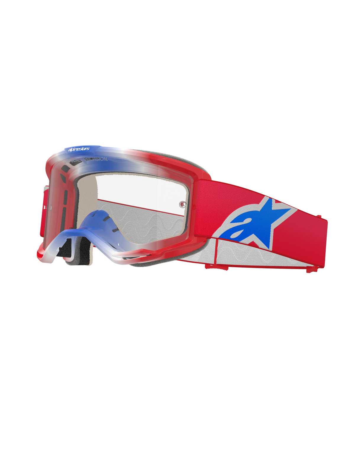 Alpinestars Vision 5 Corp Goggles, Motocross Goggles, Red White and Blue, Clear Lens, Red frame with gradient blue and white top accents, red strap with a large blue and white Alpinestars star logo, multi-layer foam padding, high-performance racing eyewear