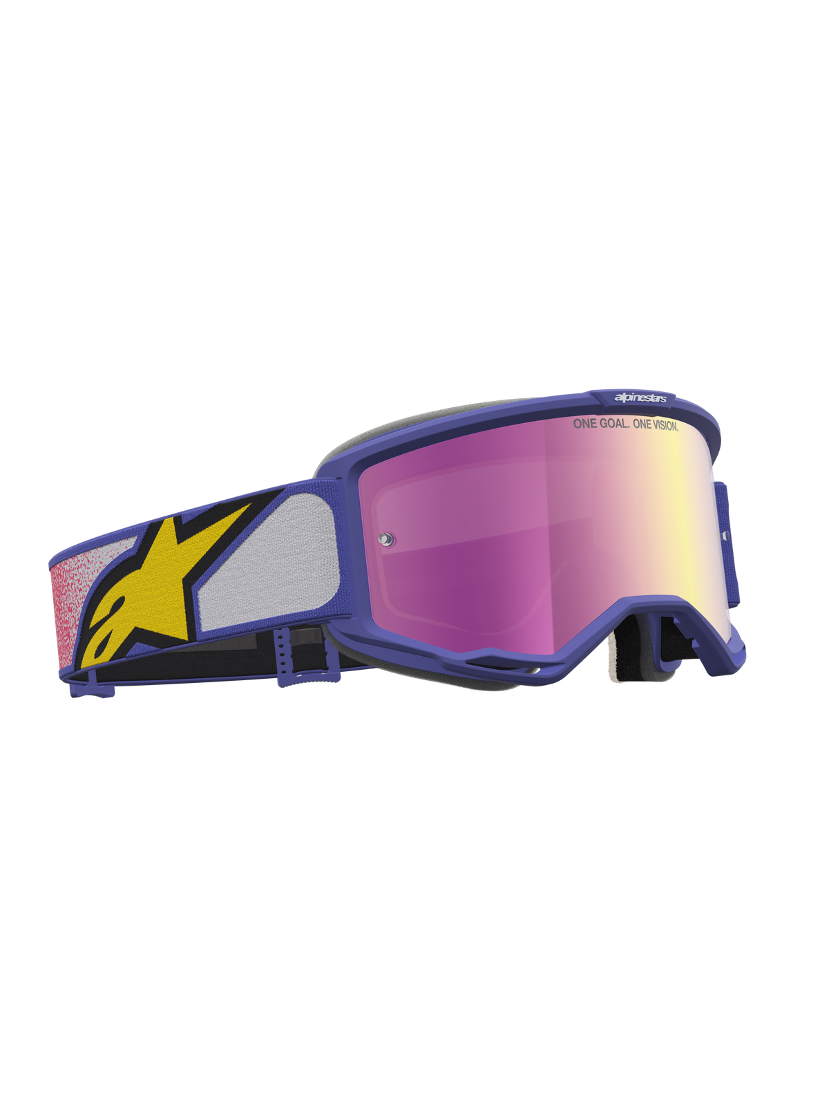 Alpinestars Vision 5 Drag Motocross Goggles in purple and pink with a mirror lens and bold yellow logo.