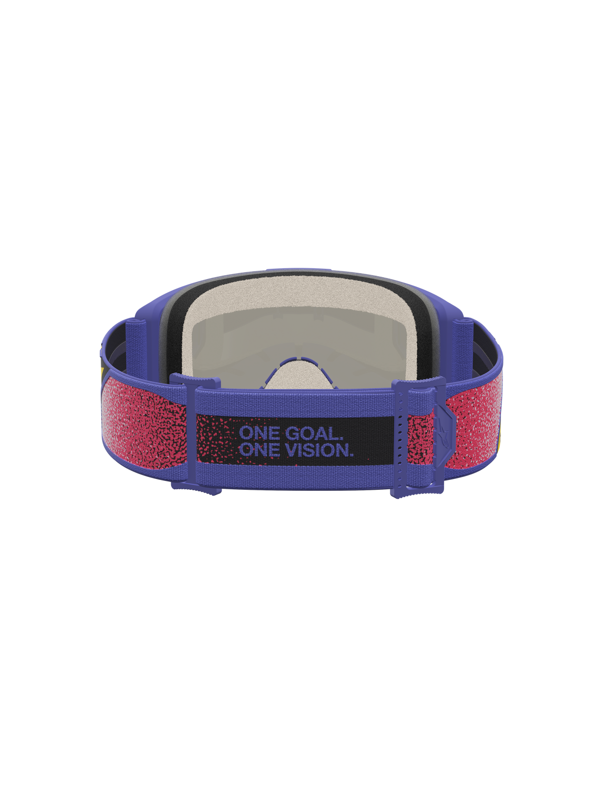 Alpinestars Vision 5 Drag Goggles, Purple and Red motocross goggles, rear view with brand motto on the adjustable strap.