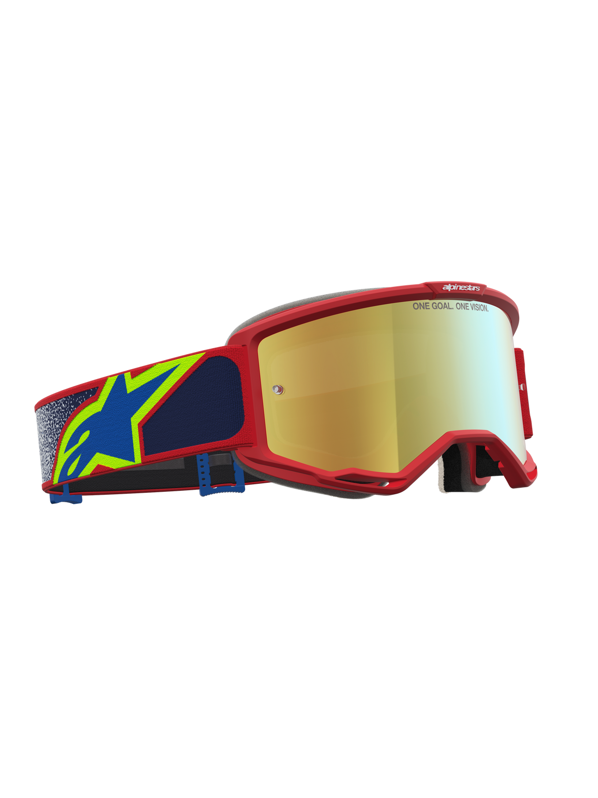 Alpinestars Vision 5 Drag Goggles, Motocross Goggles with Red Frame, Blue Accents, and Gold Mirror Lens, A-FLEX Urethane.