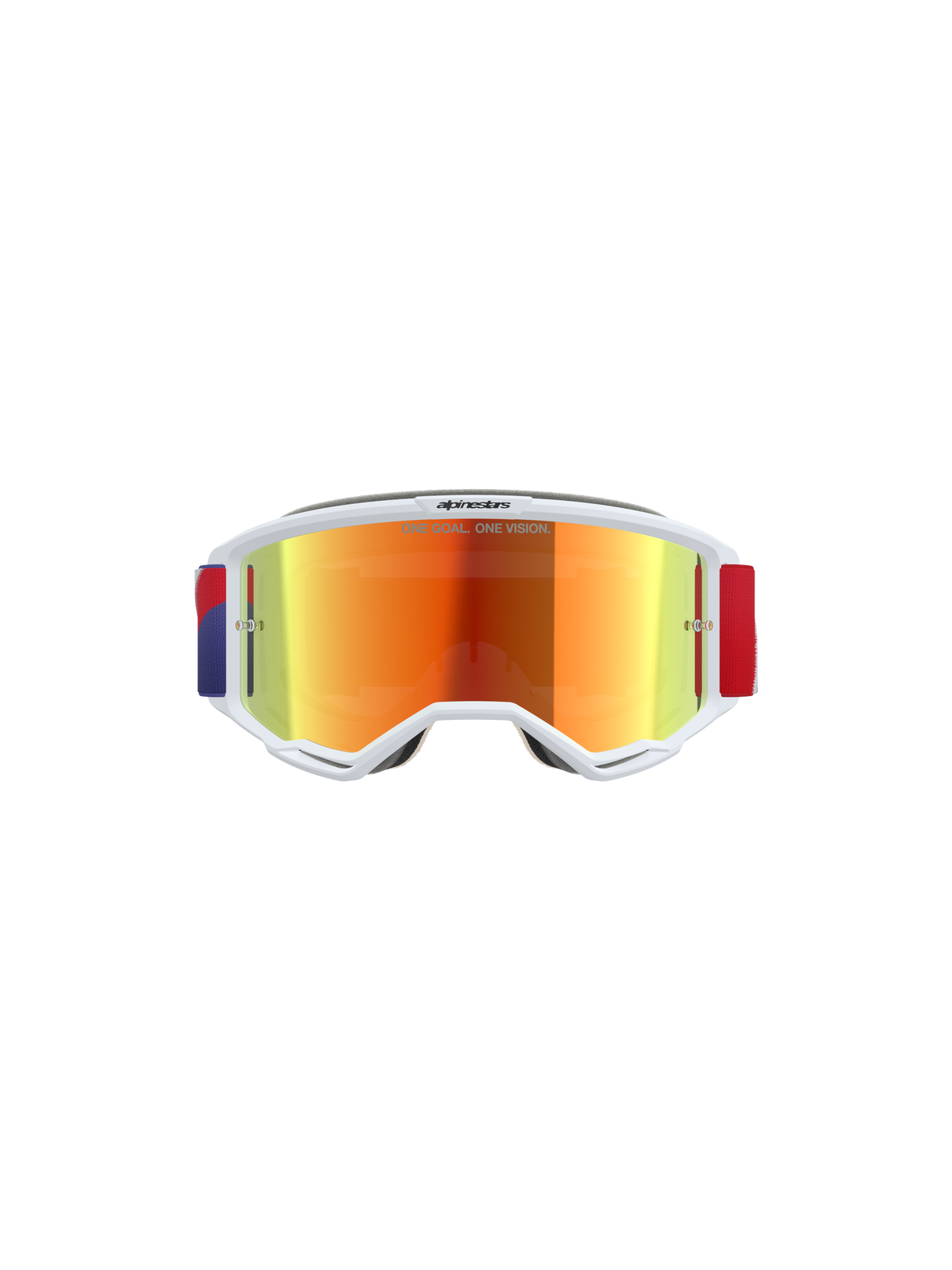 Gafas Alpinestars Vision 5 Corp, gafas de motocross, montura blanca con lente roja de espejo púrpura, correa ajustable roja y púrpura, con el texto 'ONE GOAL. ONE VISION.' en la lente, gafas protectoras de alto rendimiento para carreras off-road.