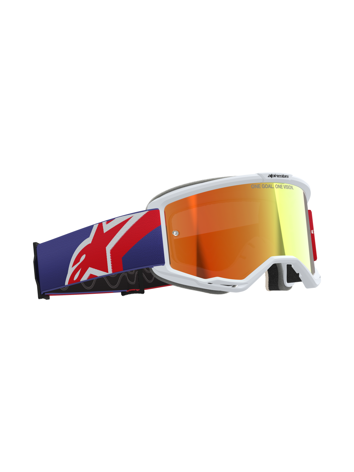 Gafas Alpinestars Vision 5 Corp, gafas de motocross, colores rojo y púrpura con lente Purple Mirror Red, montura de uretano A-FLEX blanca, espuma facial gruesa de varias etapas, correa ancha ajustable con logotipo de Alpinestars en rojo y blanco, gafas profesionales de competición off-road