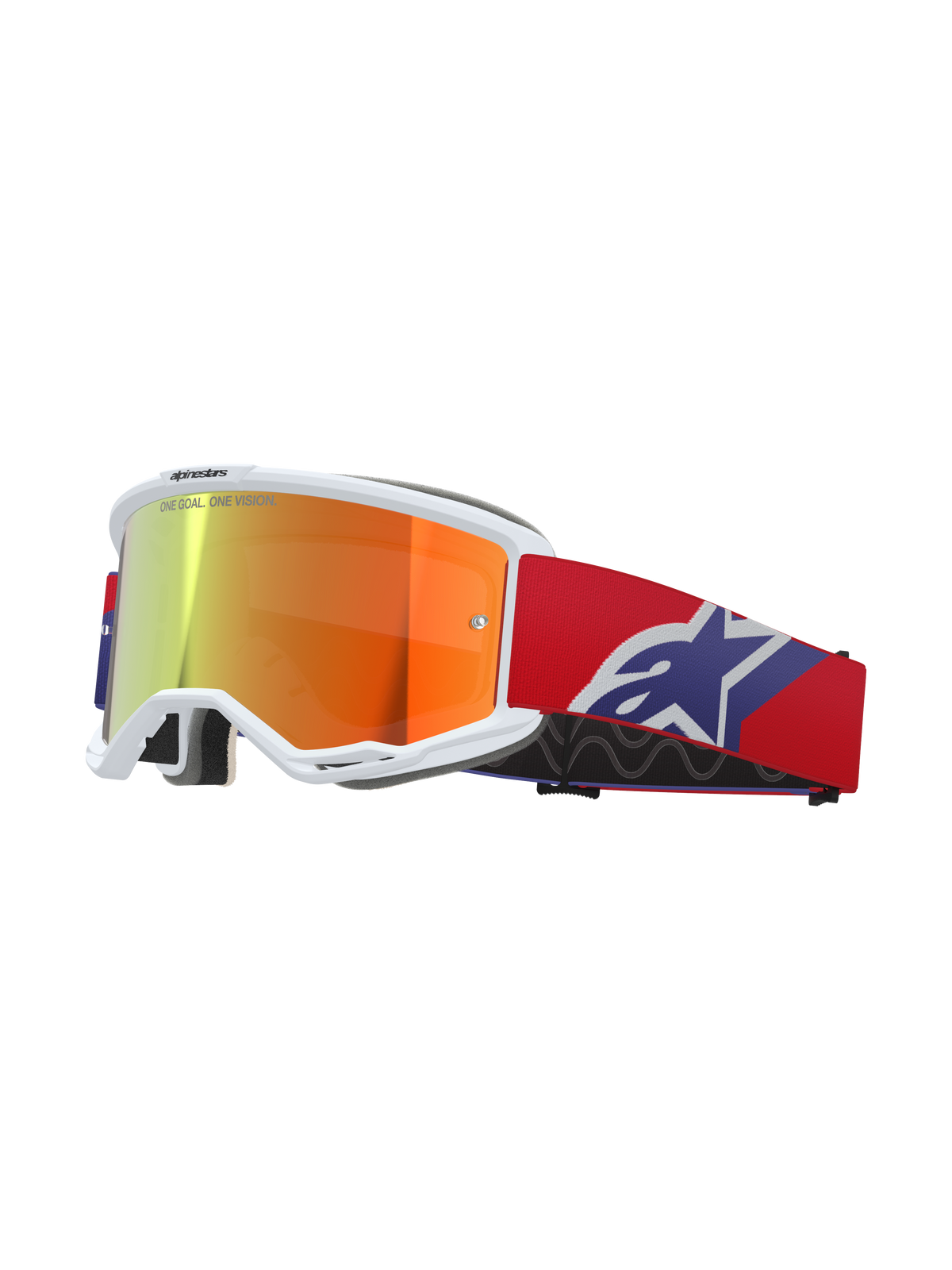 Alpinestars Vision 5 Corp Goggles, montura blanca con lente de espejo naranja y púrpura reflectante, marca 'ONE GOAL. ONE VISION.', correa roja con logotipo de estrella azul y blanco, gafas para carreras de motocross