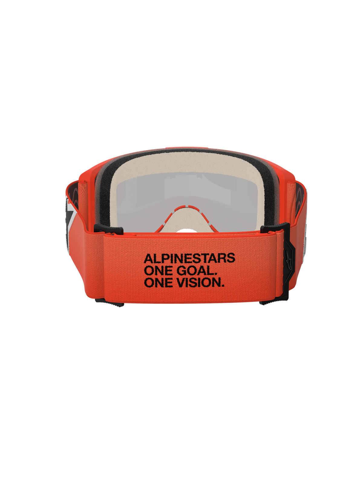 Gafas Alpinestars Vision 5 Corp, vista trasera que muestra la correa tejida naranja con el texto negro "ALPINESTARS ONE GOAL. ONE VISION.", espuma facial de múltiples capas, montura naranja, gafas de motocross profesionales