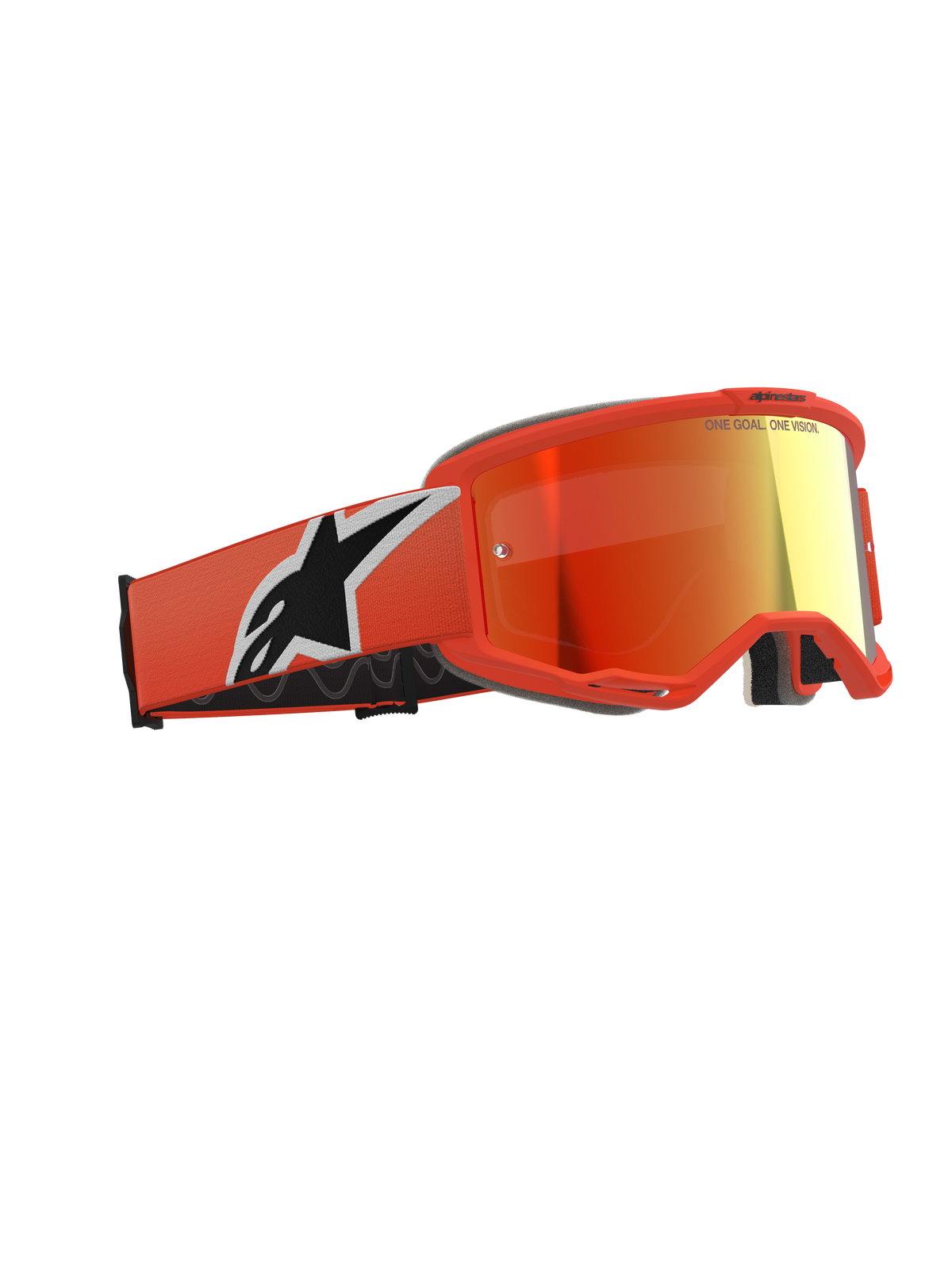 Gafas Alpinestars Vision 5 Corp, gafas de motocross, color naranja con lente de espejo roja, montura y correa en naranja vibrante con un logotipo de Astars grande en blanco y negro, lente espejada de color naranja rojizo con logotipo en la parte superior, protección ocular profesional para off-road