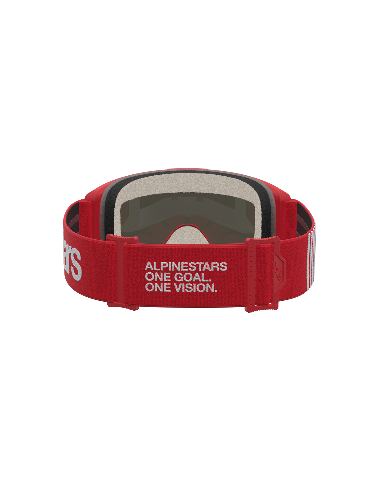 Alpinestars Vision 5 Hone, gafas de motocross rojas y blancas, con el lema One Goal One Vision en la correa trasera ajustable, equipo de protección off-road para carreras