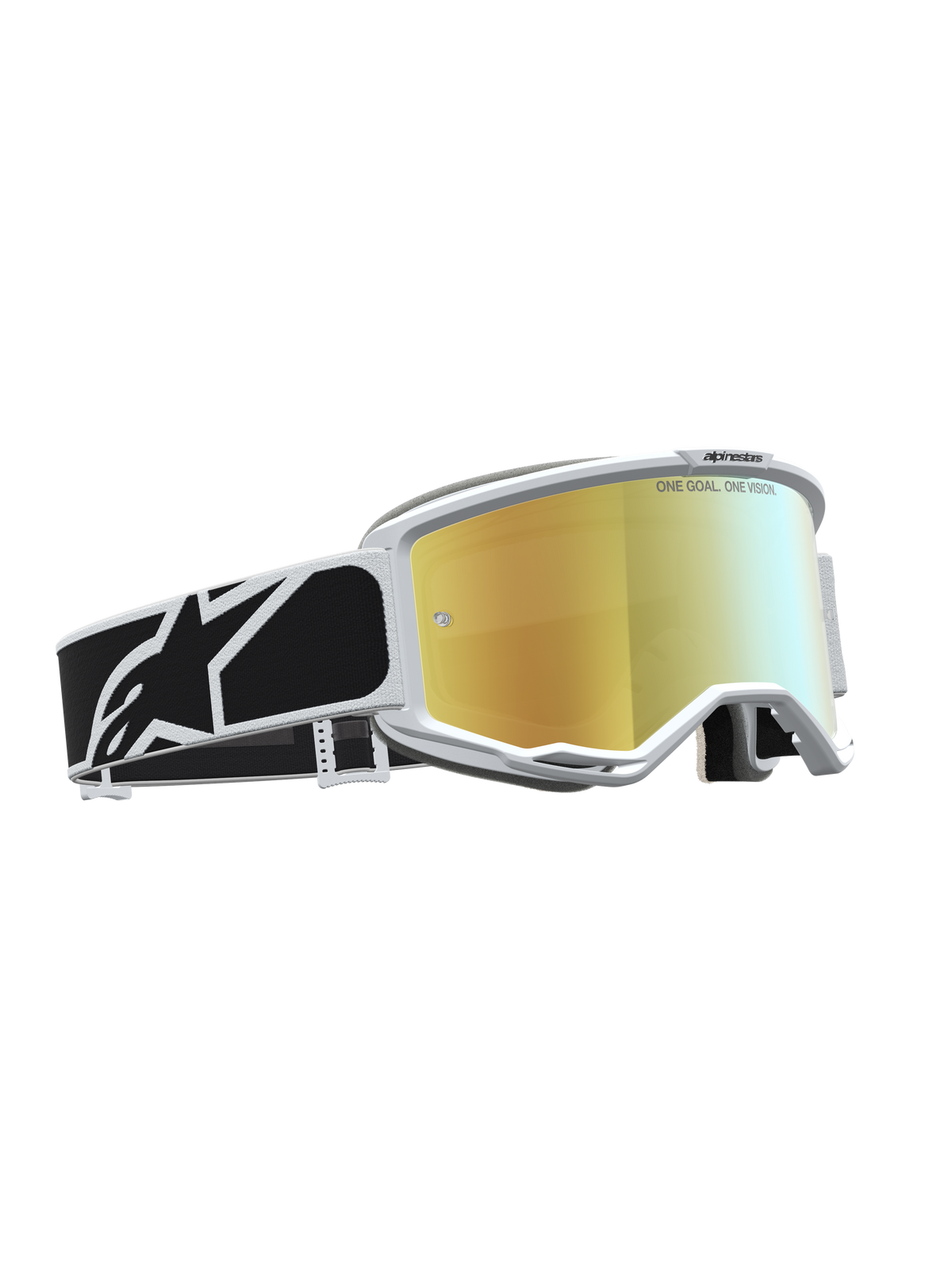Alpinestars Vision 5 Rora, gafas de motocross con lente de espejo dorada, montura blanca y correa negra con gráficos.