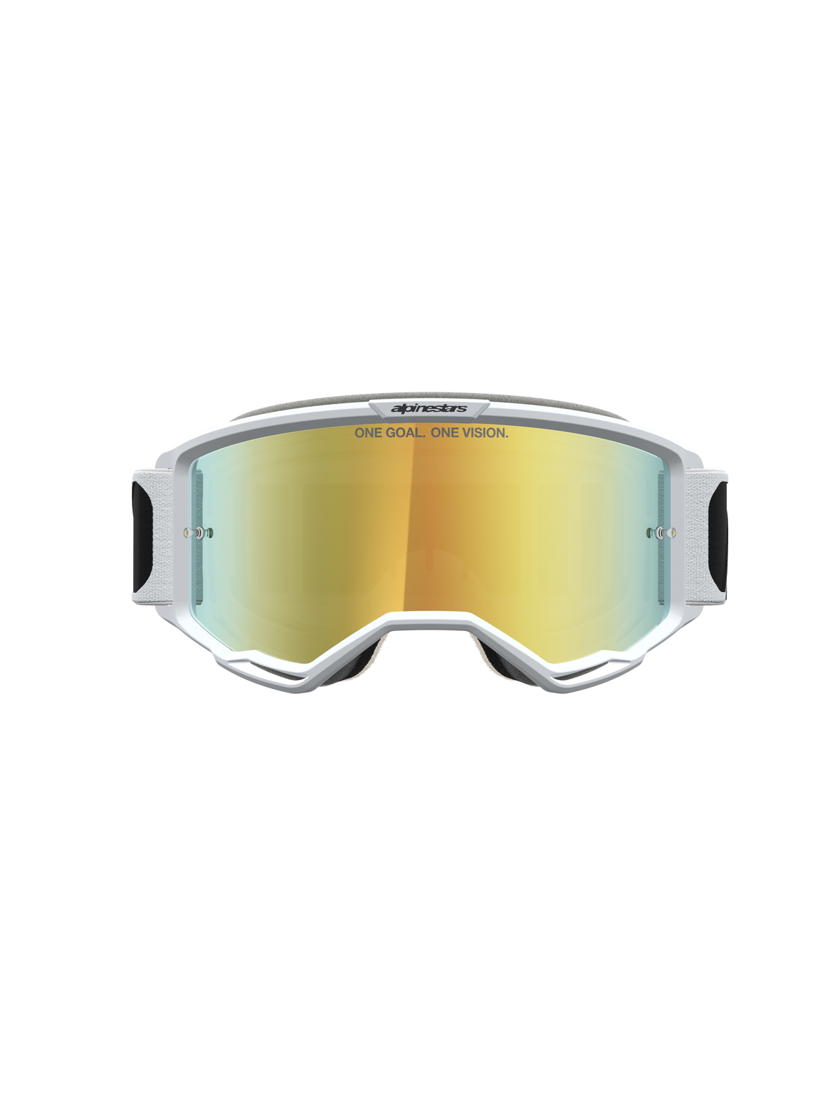 Alpinestars Vision 5 Rora, gafas de motocross blancas con lente de espejo dorada, estructura A-FLEX y ventilación RAM-AIR.