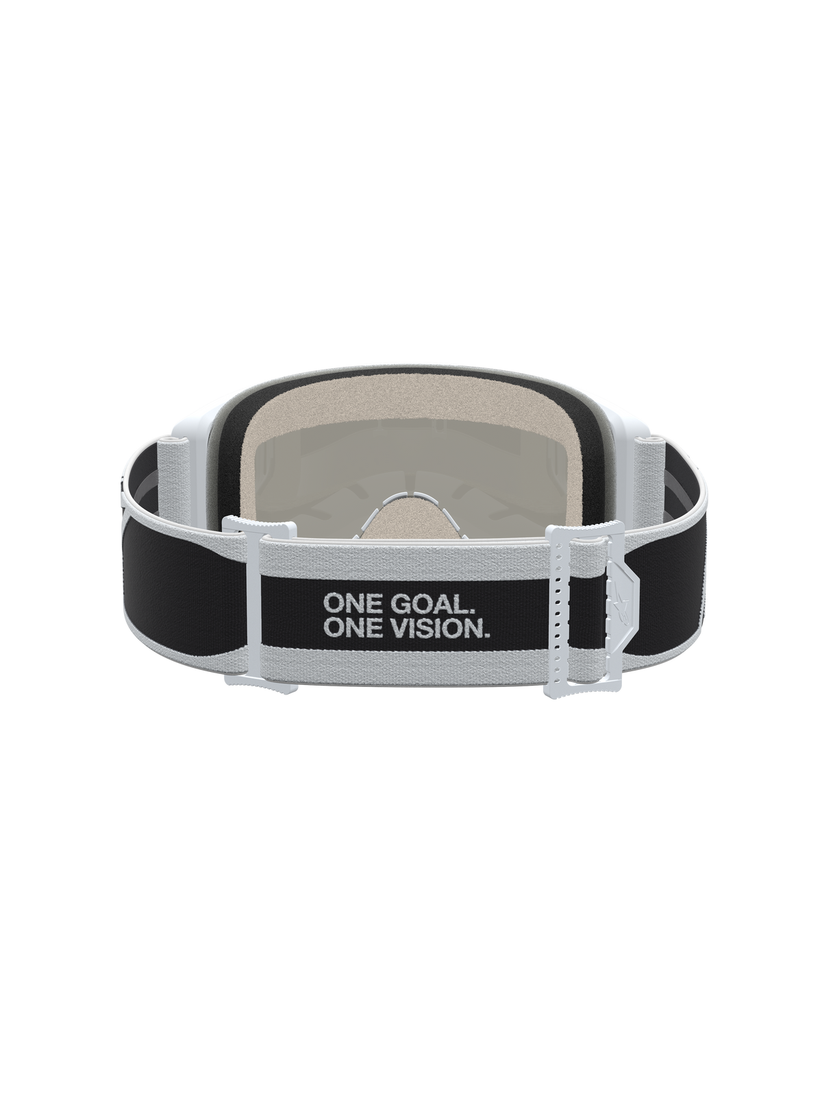 Alpinestars Vision 5 Rora, gafas de motocross, negras y blancas, vista trasera con eslogan One Goal. One Vision.