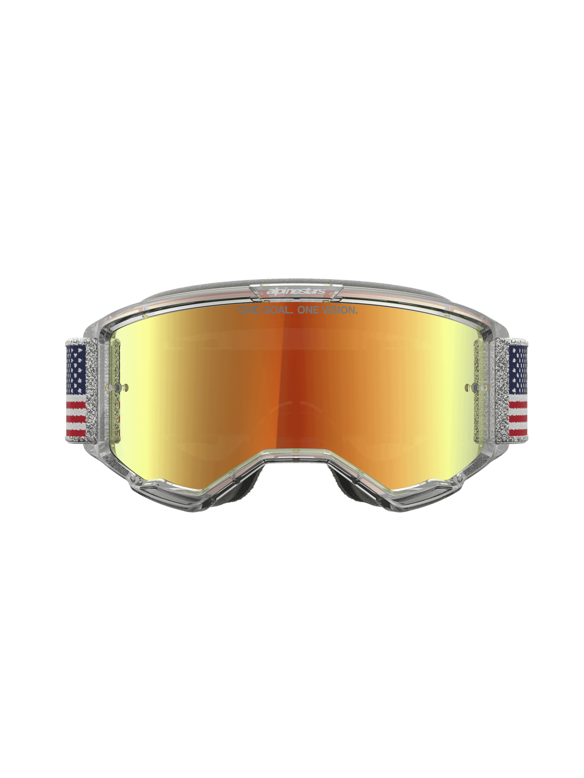 Alpinestars Vision 5 Le Fiftyfold, gafas de motocross, lente de espejo roja, montura transparente y correa de bandera.