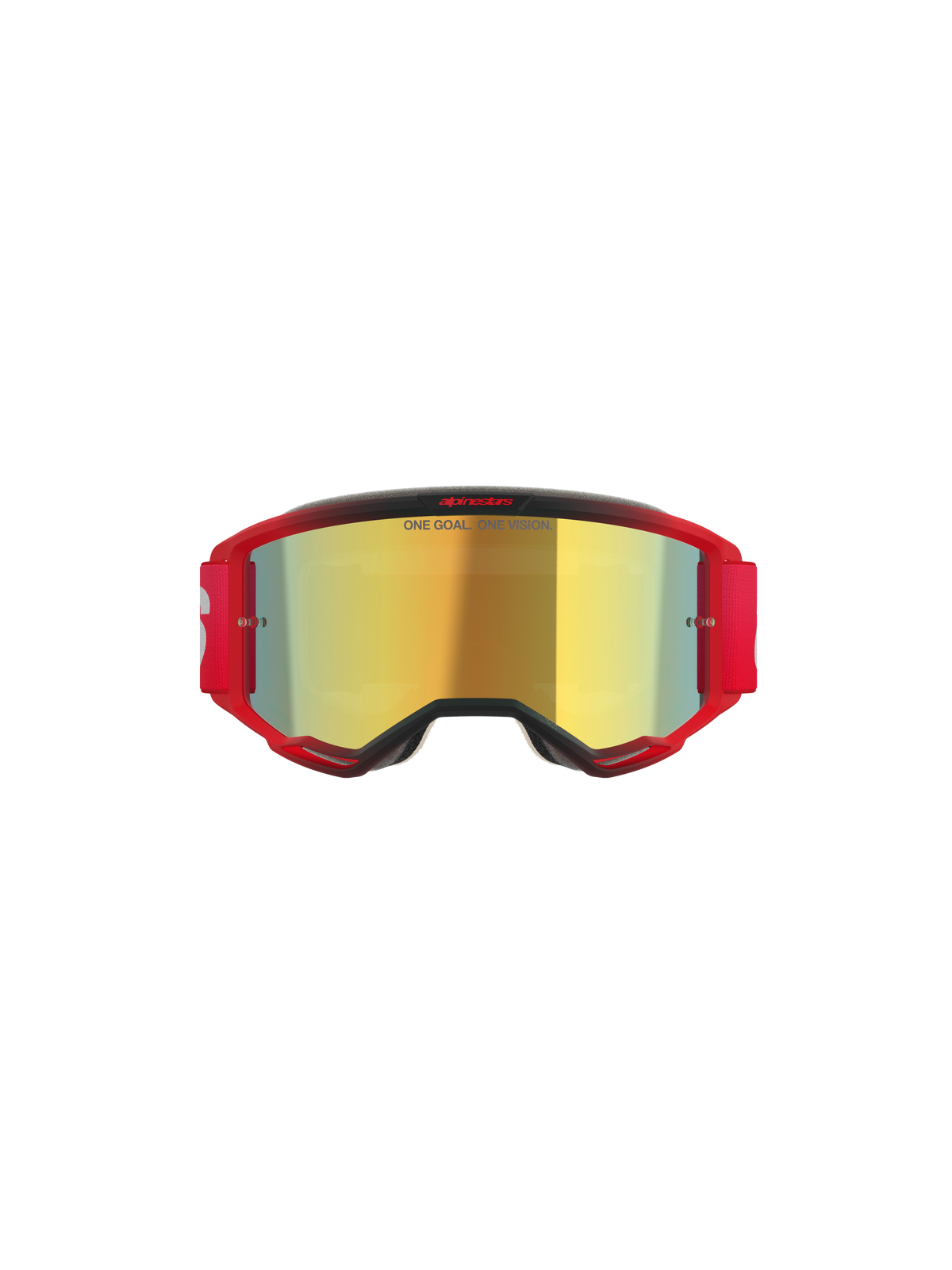 Alpinestars Vision 5 Blaze Goggles, gafas de motocross, montura roja con lente de espejo dorada, incluye el texto 'ONE GOAL. ONE VISION.' en la lente, correa elástica roja con logotipo blanco, protección ocular profesional para motocross