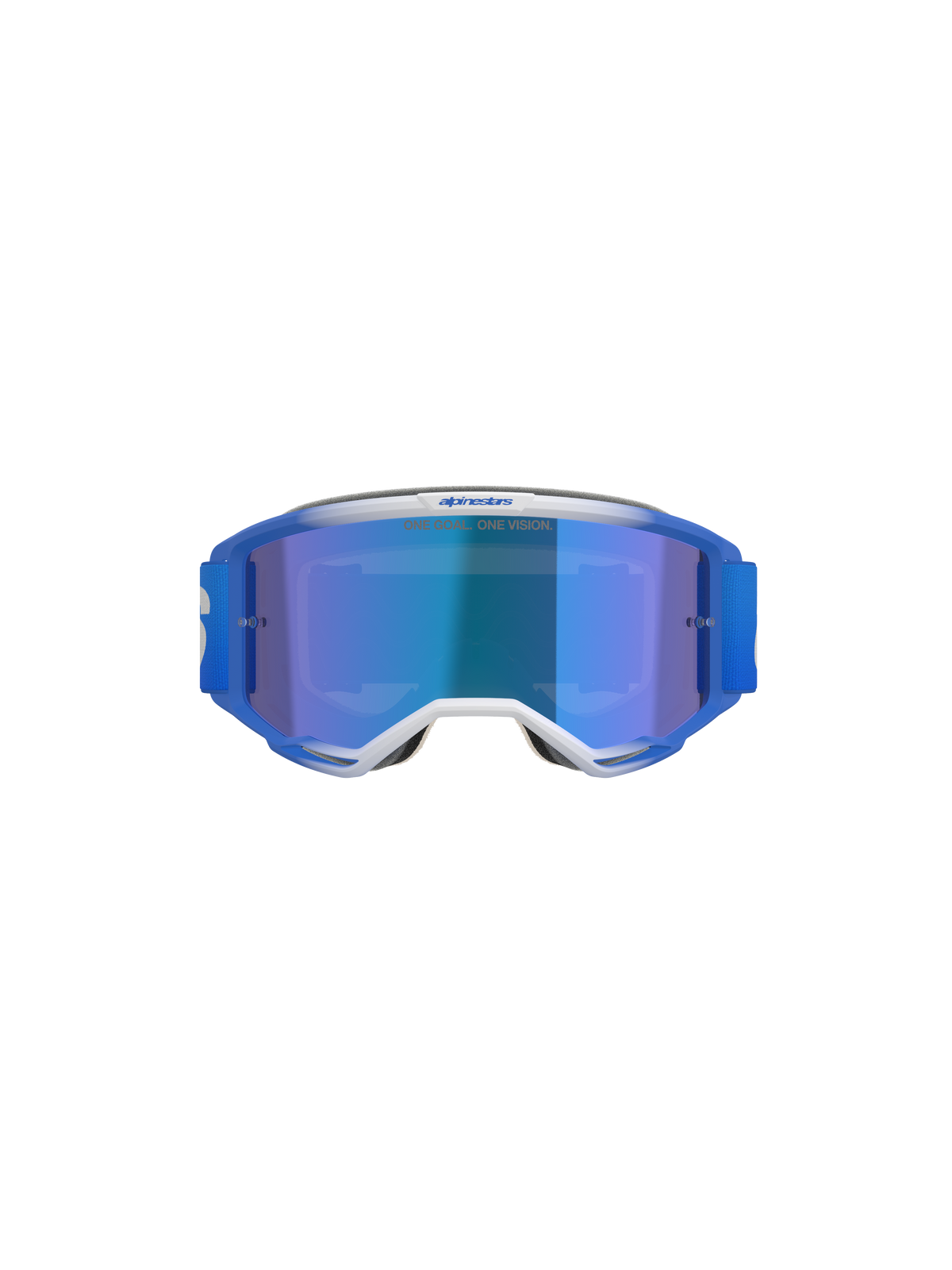 Alpinestars Vision 5 Blaze Goggles, Motocross Goggles, Blue Mirror Blue, front view featuring blue and white A-FLEX frame with blue mirror lens and blue woven strap, professional off-road eye protection