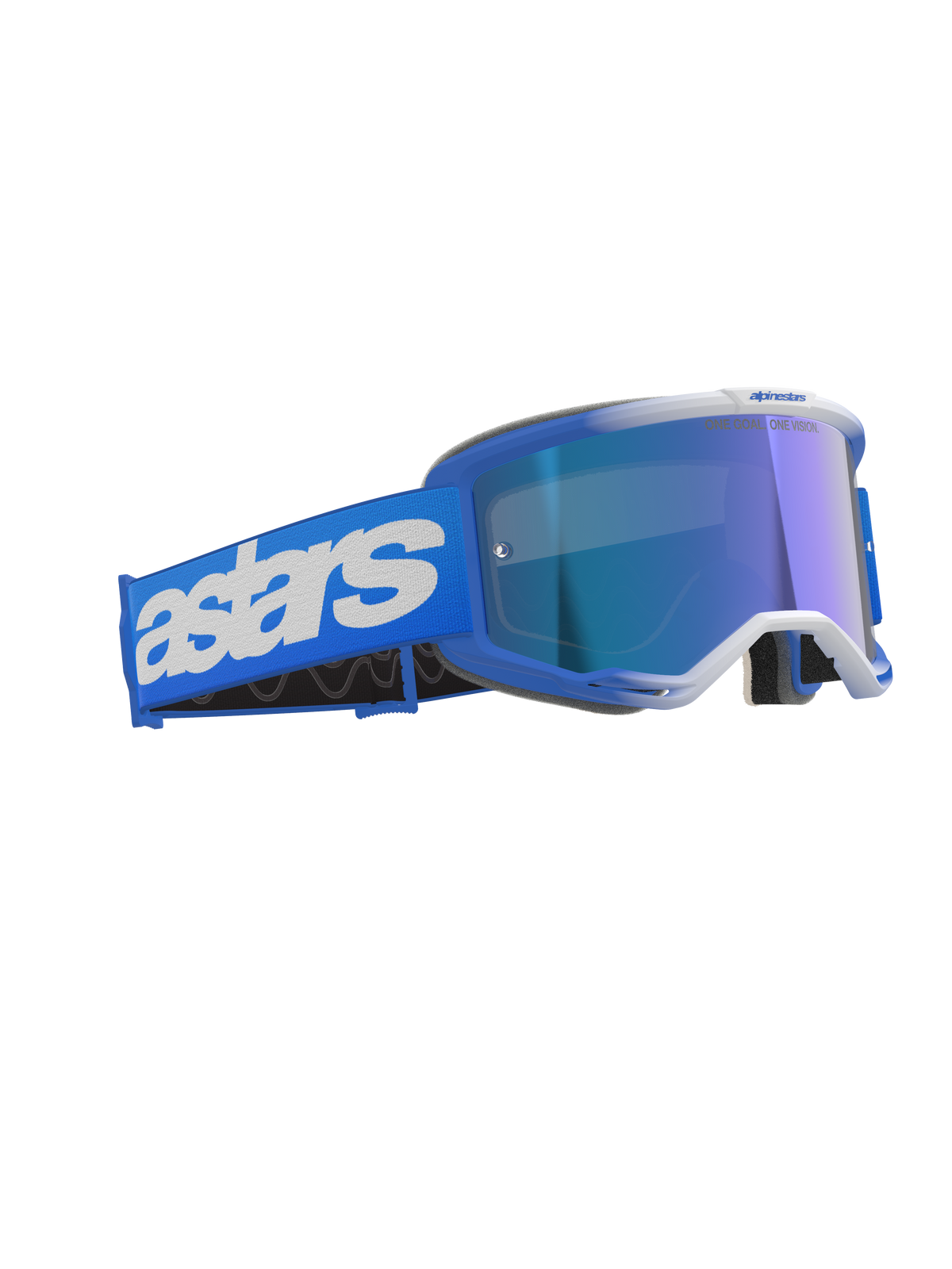 Alpinestars Vision 5 Blaze Goggles, Motocross Goggles, Blue Mirror Blue, featuring a blue frame and mirrored lens, wide blue strap with white Astars branding, performance off-road protective eyewear