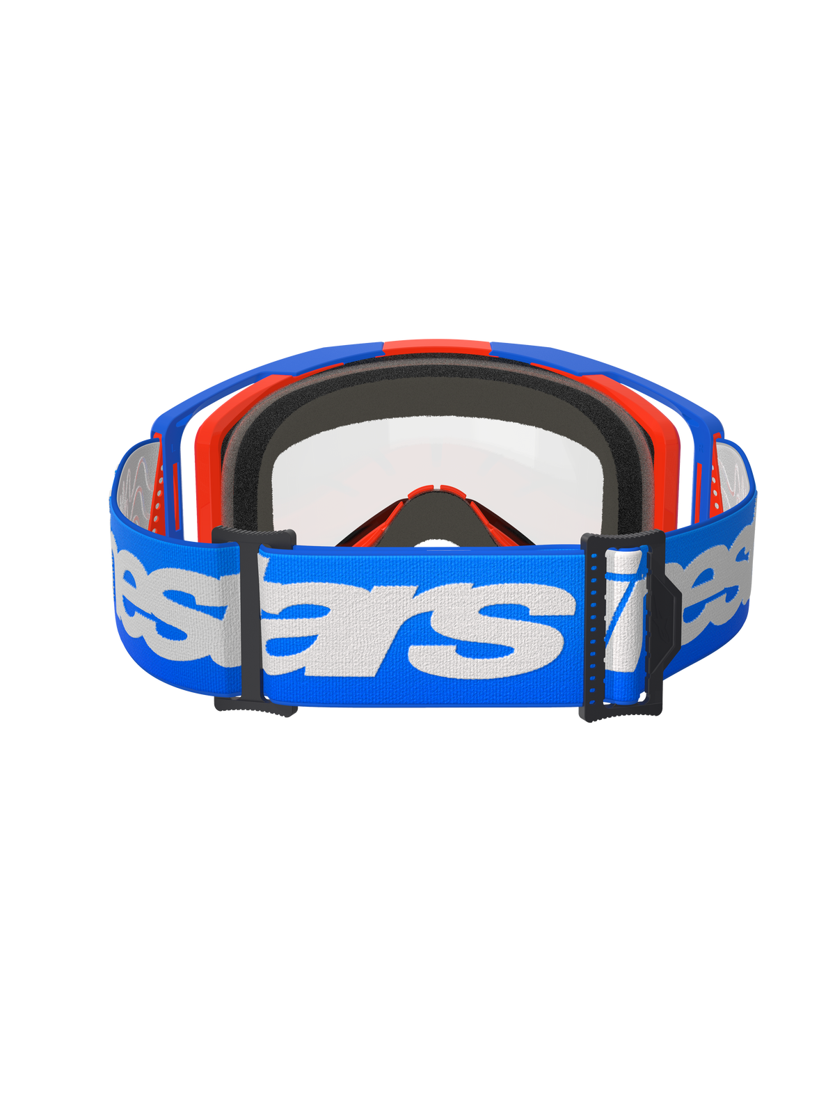 Gafas Alpinestars Vision 8 Wordmark, gafas de motocross, azul y naranja con lente transparente, correa azul ancha con el logotipo de Alpinestars en blanco, equipo de protección de alto rendimiento para off-road