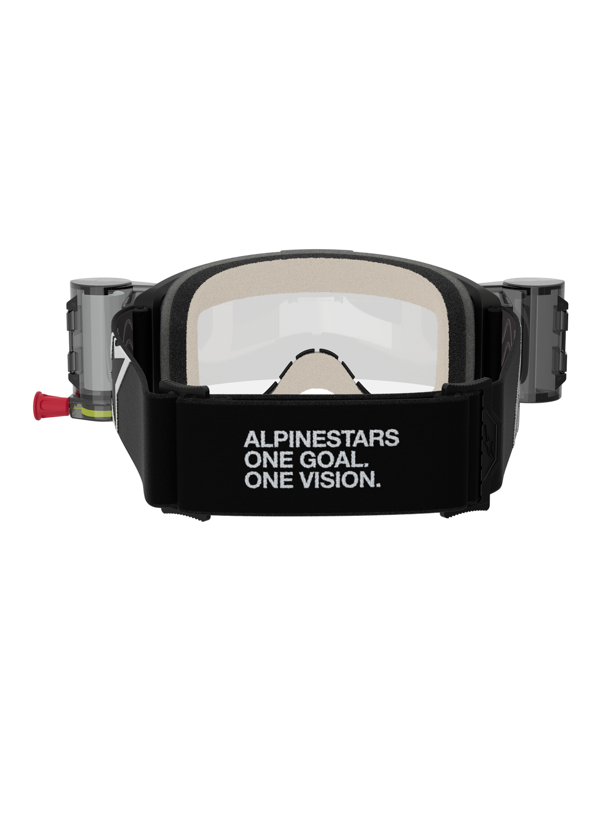 Alpinestars Vision 5 Corp Goggles Roll Off, gafas de motocross, negro y transparente, vista trasera con una correa negra ancha con el lema 'ALPINESTARS ONE GOAL. ONE VISION.', depósitos del sistema roll-off y cómoda espuma facial de múltiples capas