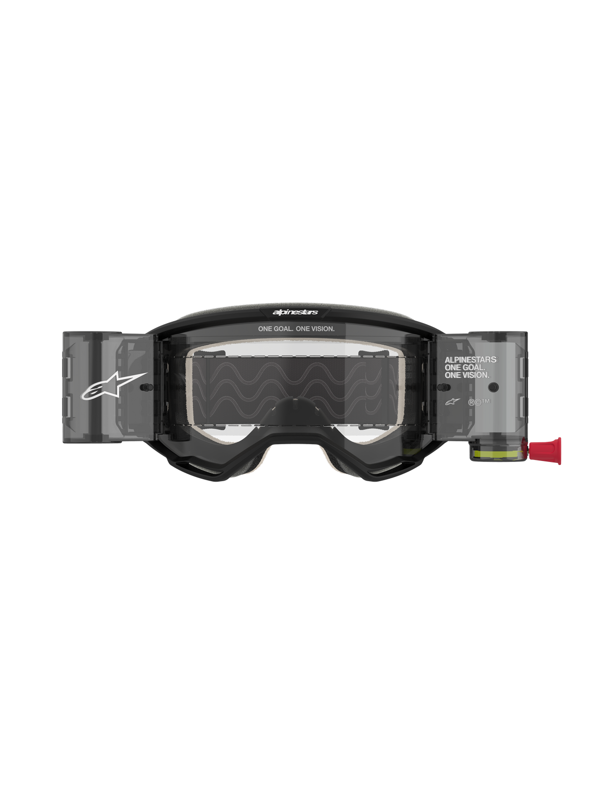 Gafas Alpinestars Vision 5 Corp Roll Off, gafas de motocross, negras con lente transparente, con botes del sistema Wide Vision Roll-Off integrados, lente de policarbonato anti-vaho, montura de uretano A-FLEX y marca distintiva Alpinestars.