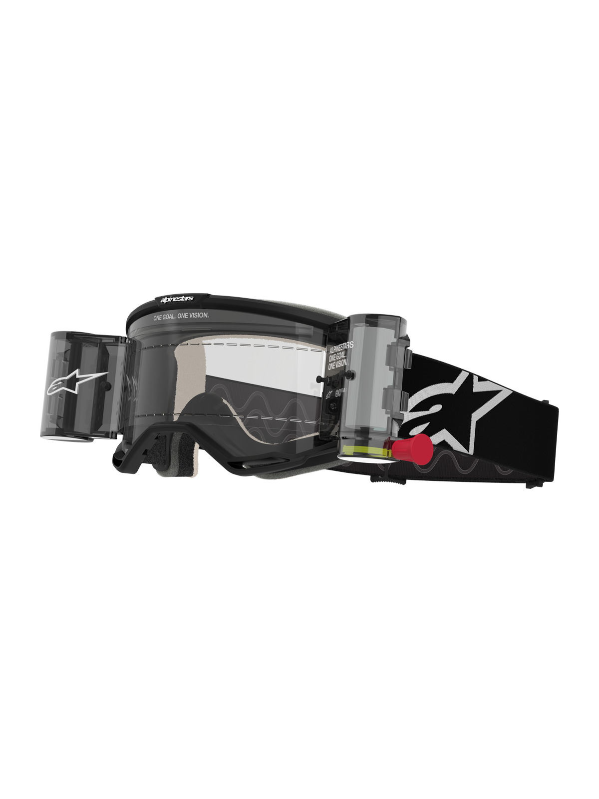 Alpinestars Vision 5 Corp Goggles Roll Off, gafas de motocross, negro y blanco, lente transparente con sistema roll-off Wide Vision integrado, tirador rojo, correa negra con logotipo de estrella blanco y marca ONE GOAL ONE VISION