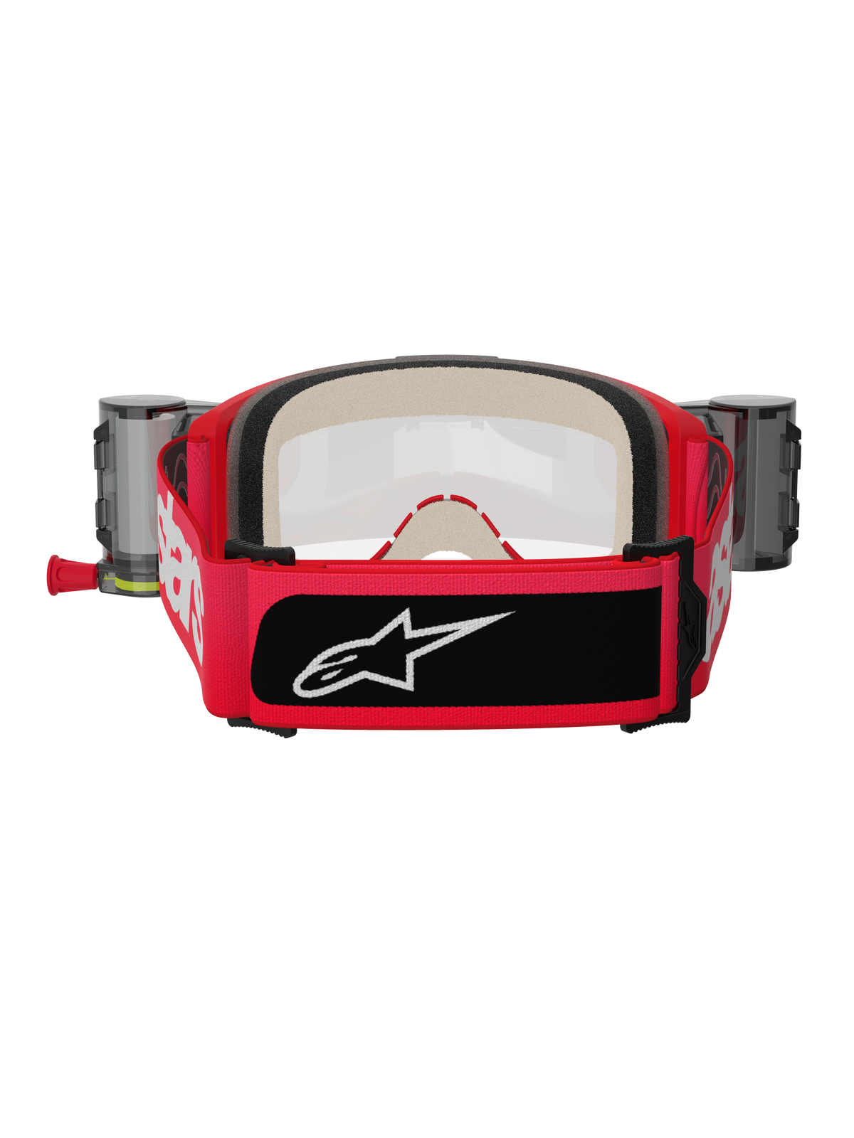 Gafas Alpinestars Vision 5 Blaze Roll Off, rojas y negras, vista trasera que muestra una correa tejida ancha con marca blanca y parche de logo negro, espuma facial de múltiples etapas de gran grosor y botes del sistema Wide Vision Roll-Off en los laterales, equipo de protección para motocross