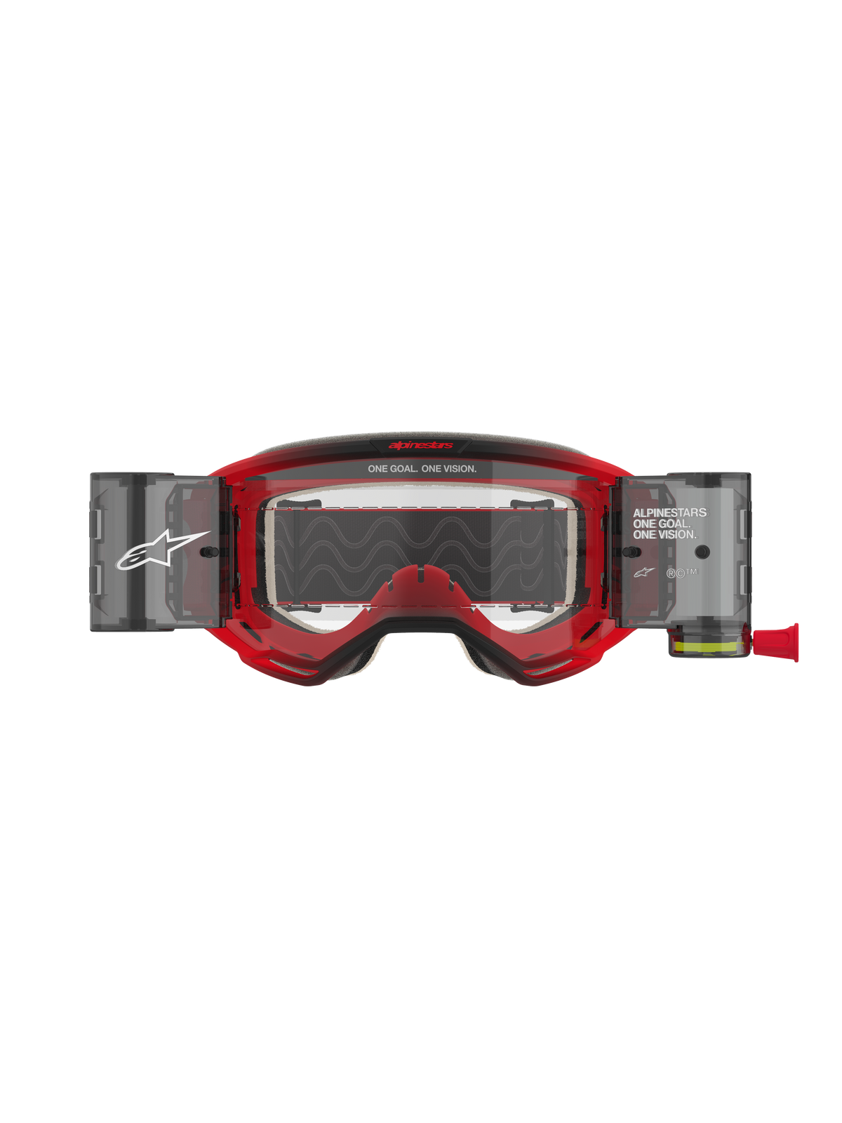 Gafas Alpinestars Vision 5 Blaze Roll Off, gafas de motocross, montura roja con lente transparente, con sistema Roll-Off Wide Vision integrado y depósitos laterales, lema 'ONE GOAL. ONE VISION.' en la montura y la lente, protección ocular profesional para off-road.