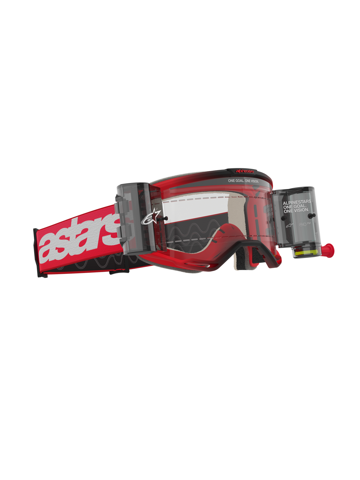 Alpinestars Vision 5 Blaze Goggles Roll Off, gafas de motocross, montura roja con logotipo astars blanco en la correa, lente transparente con botes del sistema Wide Vision Roll-Off integrado, protección ocular duradera para conducción off-road