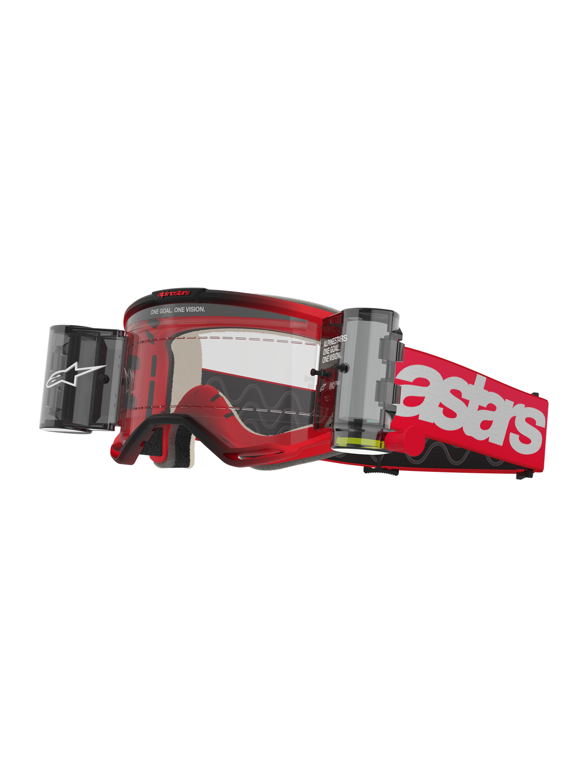 Alpinestars Vision 5 Blaze Goggles Roll Off, gafas de motocross, rojas y blancas, lente transparente con sistema de película Wide Vision Roll-Off integrado, botes laterales dobles, correa tejida roja con el llamativo logotipo astars en blanco, montura de uretano duradera con acolchado de espuma, gafas de competición todoterreno