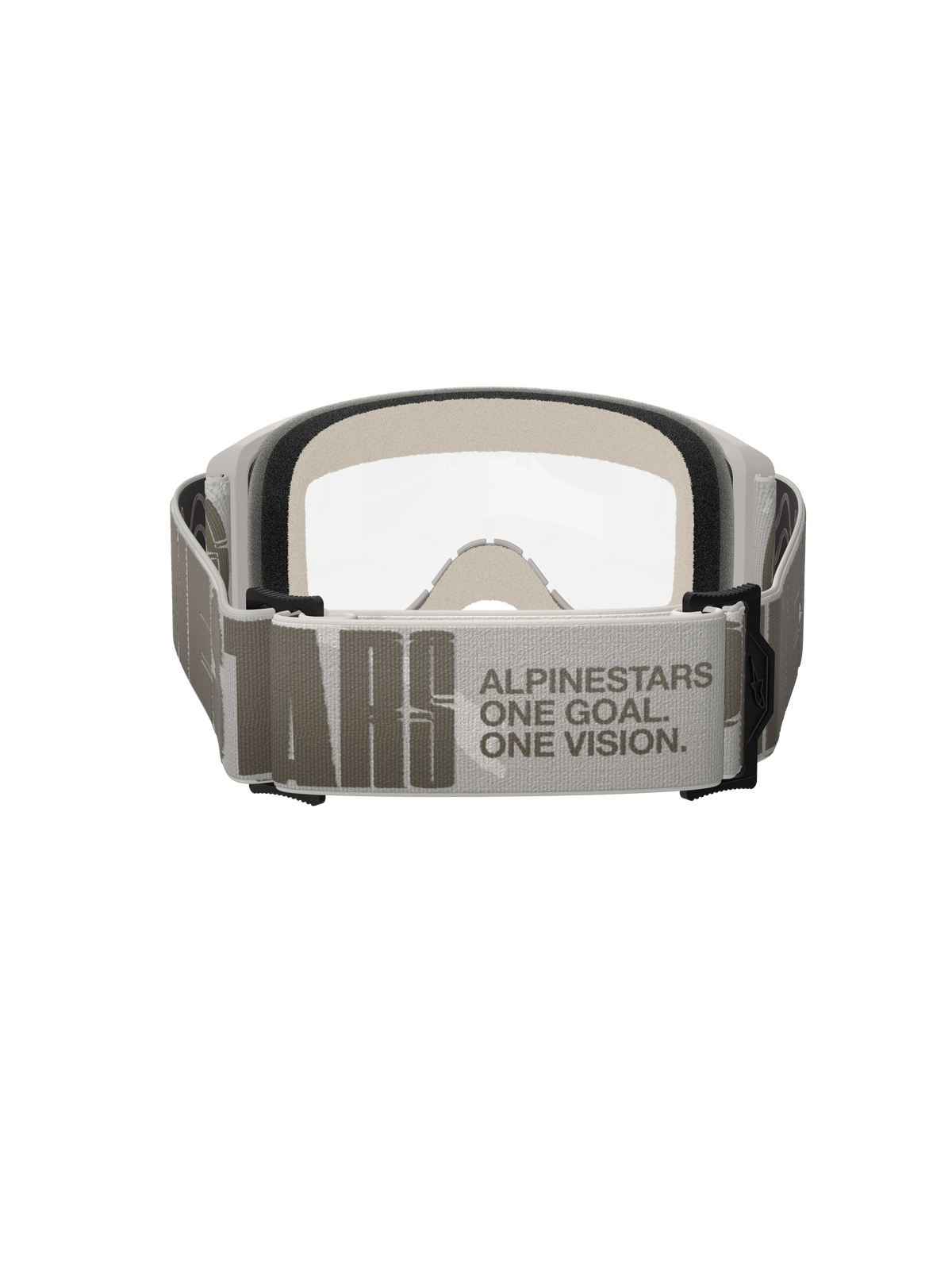 Alpinestars Vision 5 Hollow Goggles, gafas de motocross, Wind Clear, vista trasera enfocada en la correa ancha gris claro con la marca Alpinestars y el eslogan 'One Goal One Vision', montura blanca con lente transparente y espuma facial gruesa visible
