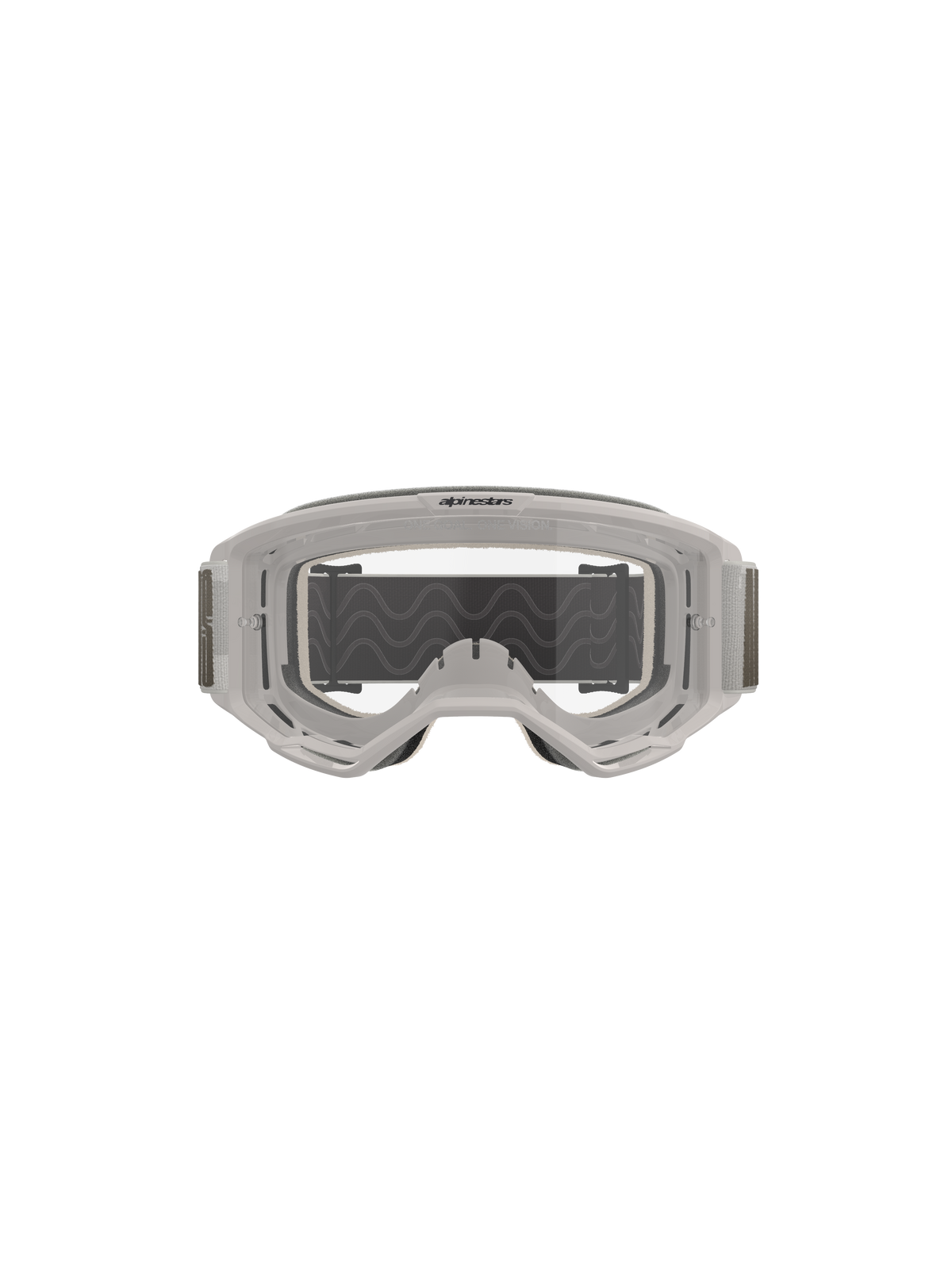 Gafas Alpinestars Vision 5 Hollow, gafas de motocross, Wind Clear, montura blanca translúcida con lente transparente antivaho, correa ancha gris ajustable con tracción de silicona, equipamiento profesional para conducción off-road